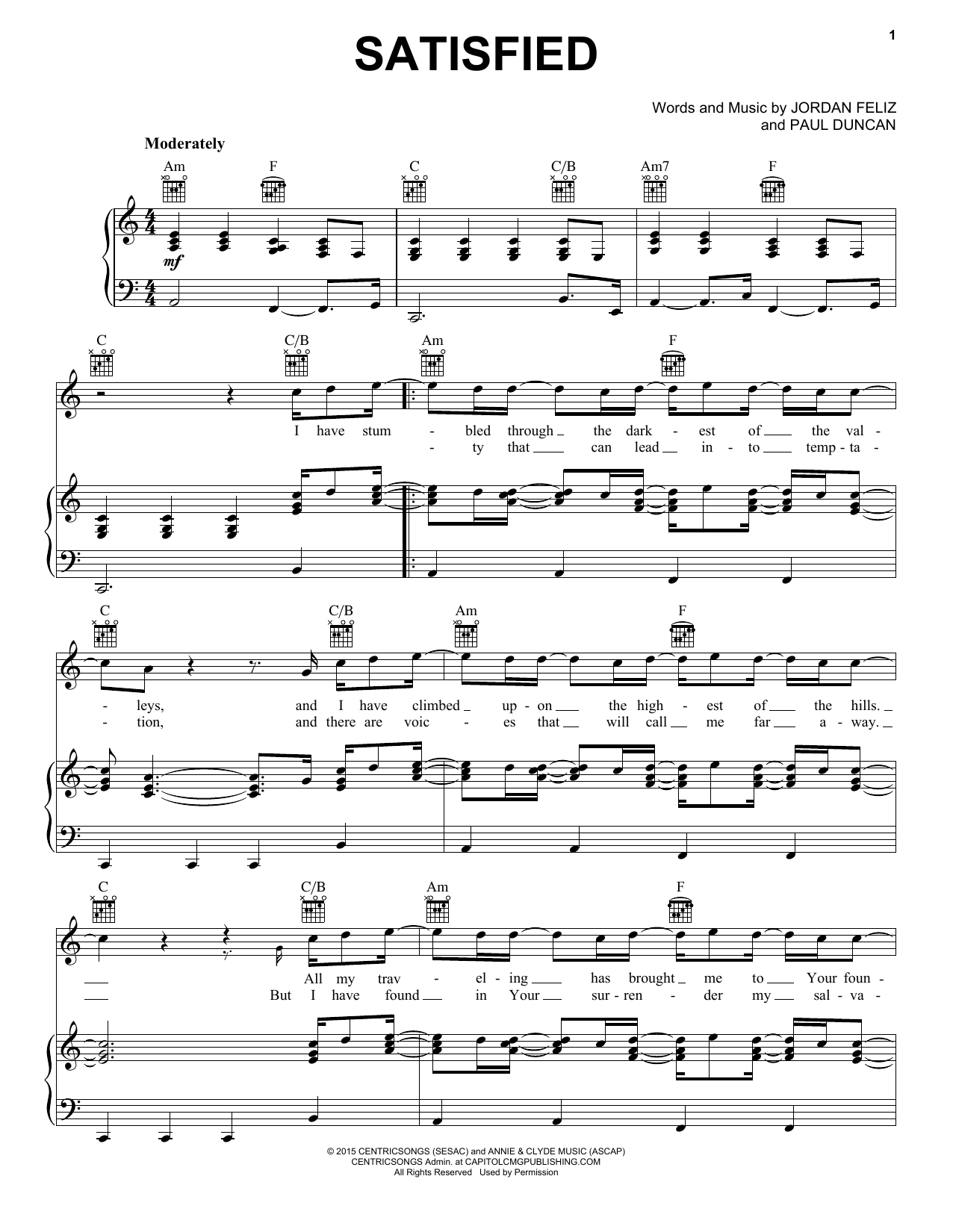 Download Jordan Feliz Satisfied Sheet Music and learn how to play Piano, Vocal & Guitar (Right-Hand Melody) PDF digital score in minutes