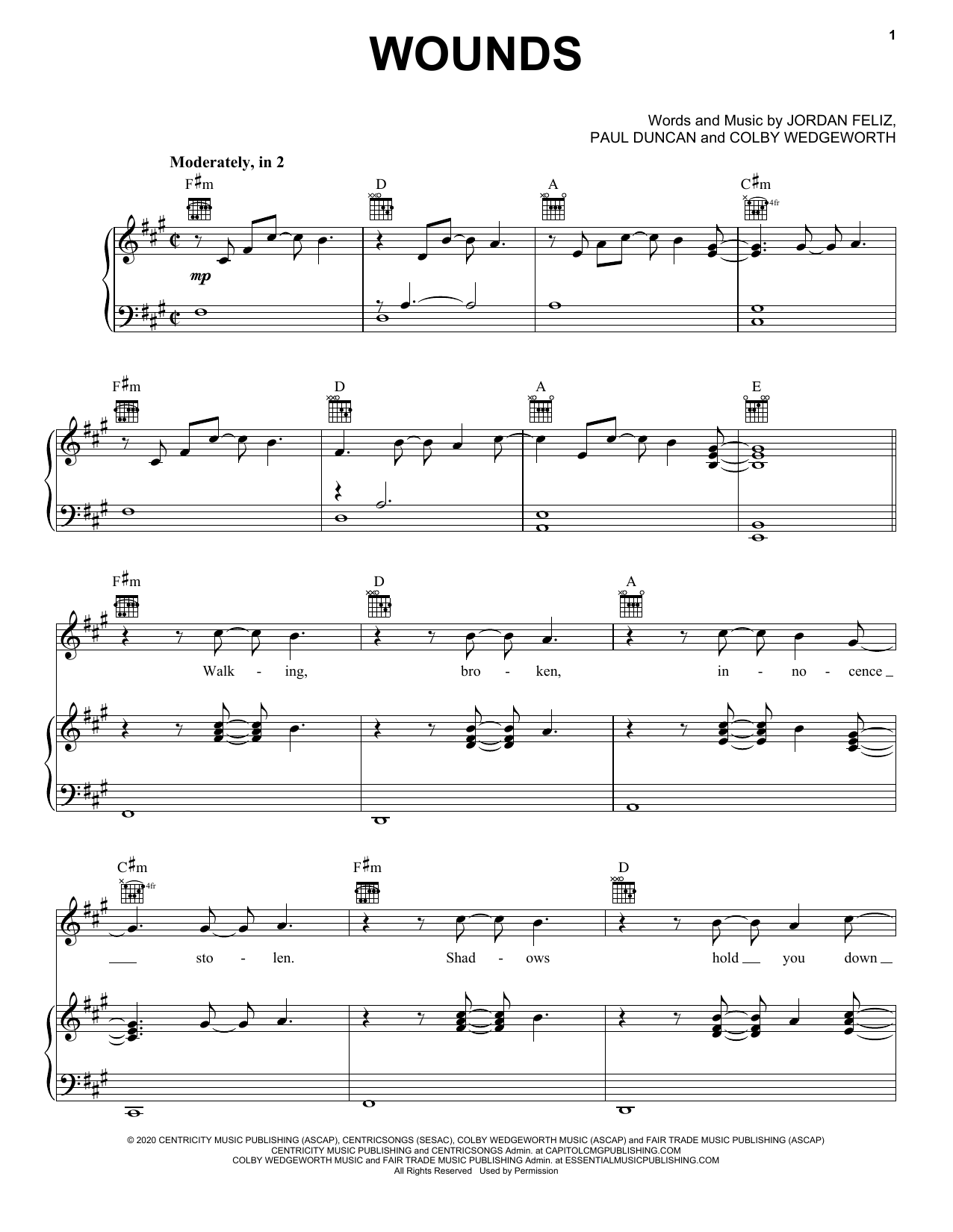 Download Jordan Feliz Wounds Sheet Music and learn how to play Piano, Vocal & Guitar Chords (Right-Hand Melody) PDF digital score in minutes