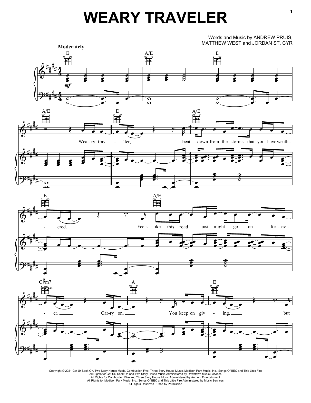 Download Jordan St. Cyr Weary Traveler Sheet Music and learn how to play Piano, Vocal & Guitar Chords (Right-Hand Melody) PDF digital score in minutes
