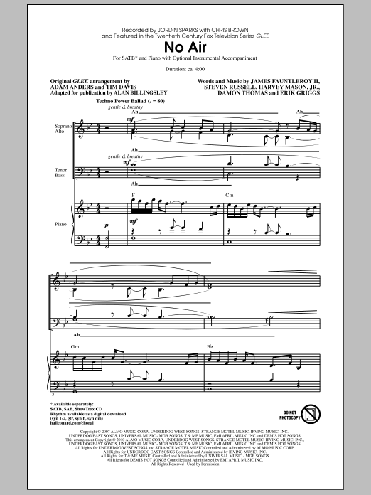 Download Jordin Sparks No Air (from Glee) (adapt. Alan Billingsley) Sheet Music and learn how to play SATB Choir PDF digital score in minutes