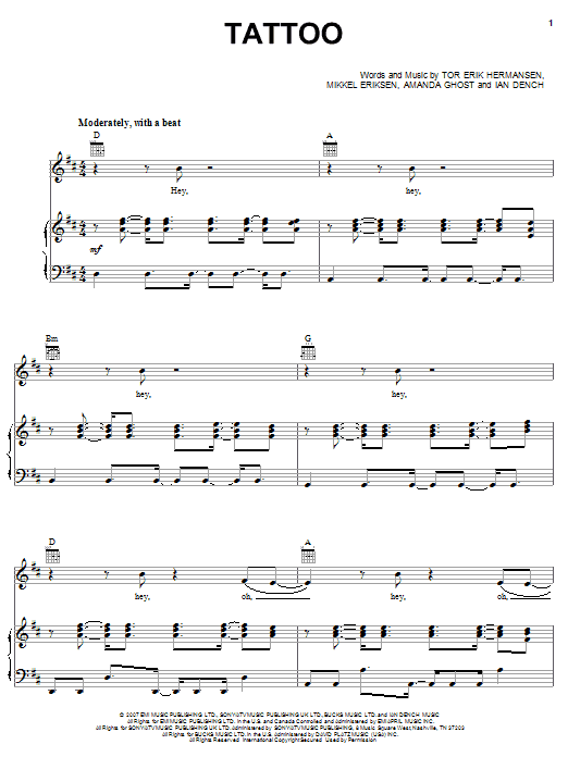 Download Jordin Sparks Tattoo Sheet Music and learn how to play Piano, Vocal & Guitar (Right-Hand Melody) PDF digital score in minutes