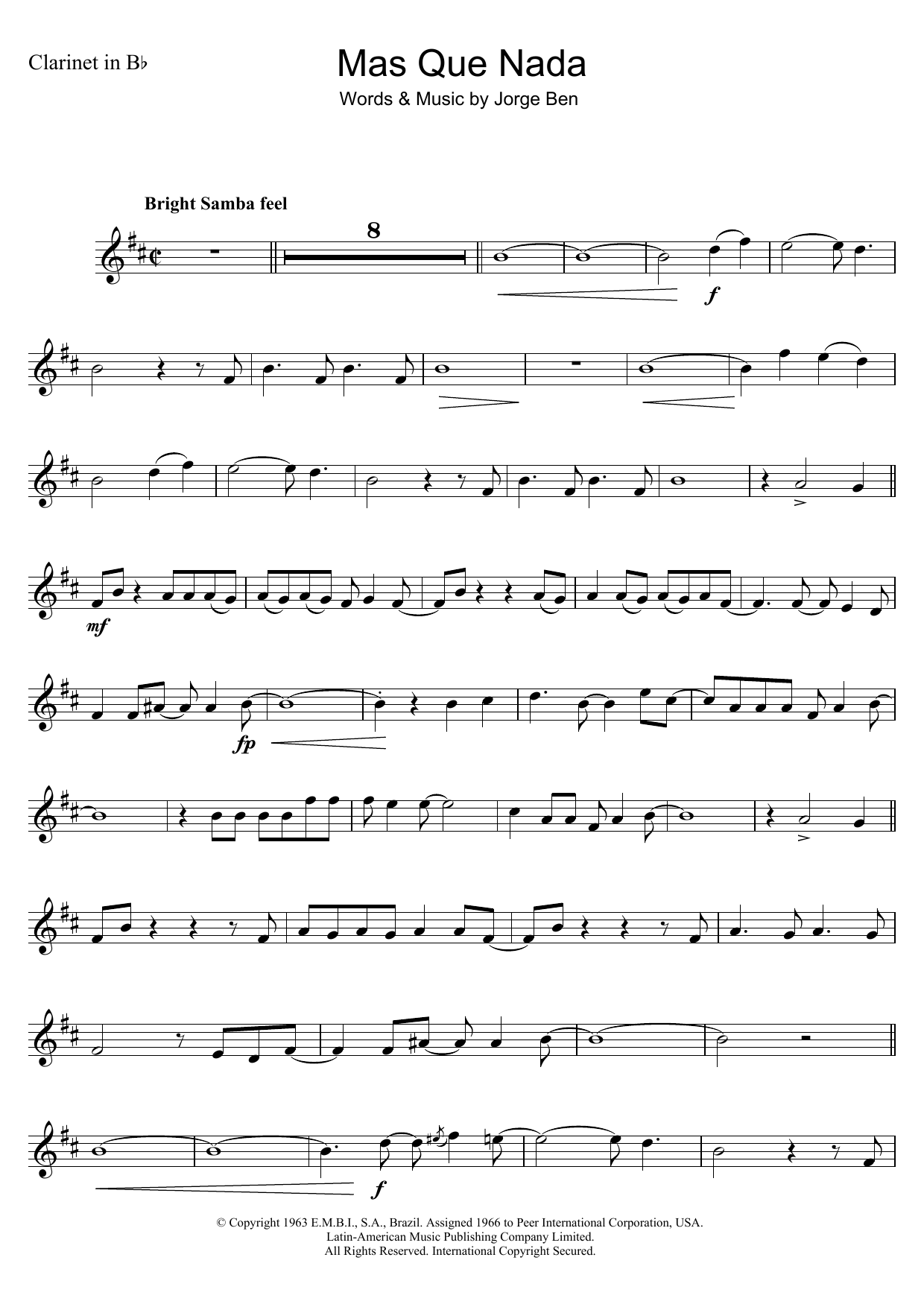 Download Jorge Ben Mas Que Nada (Say No More) Sheet Music and learn how to play Clarinet PDF digital score in minutes