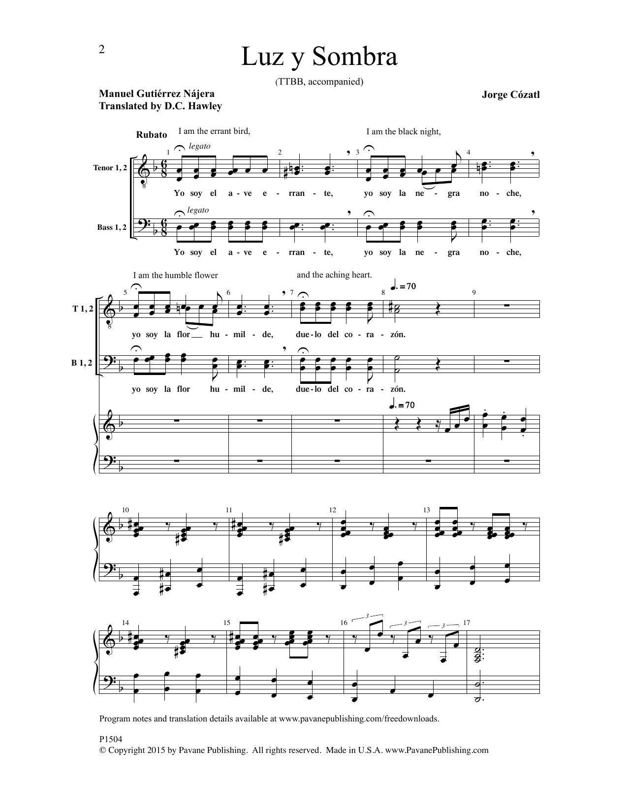 Download Jorge Cozatl Luz y Sombra Sheet Music and learn how to play TTBB Choir PDF digital score in minutes