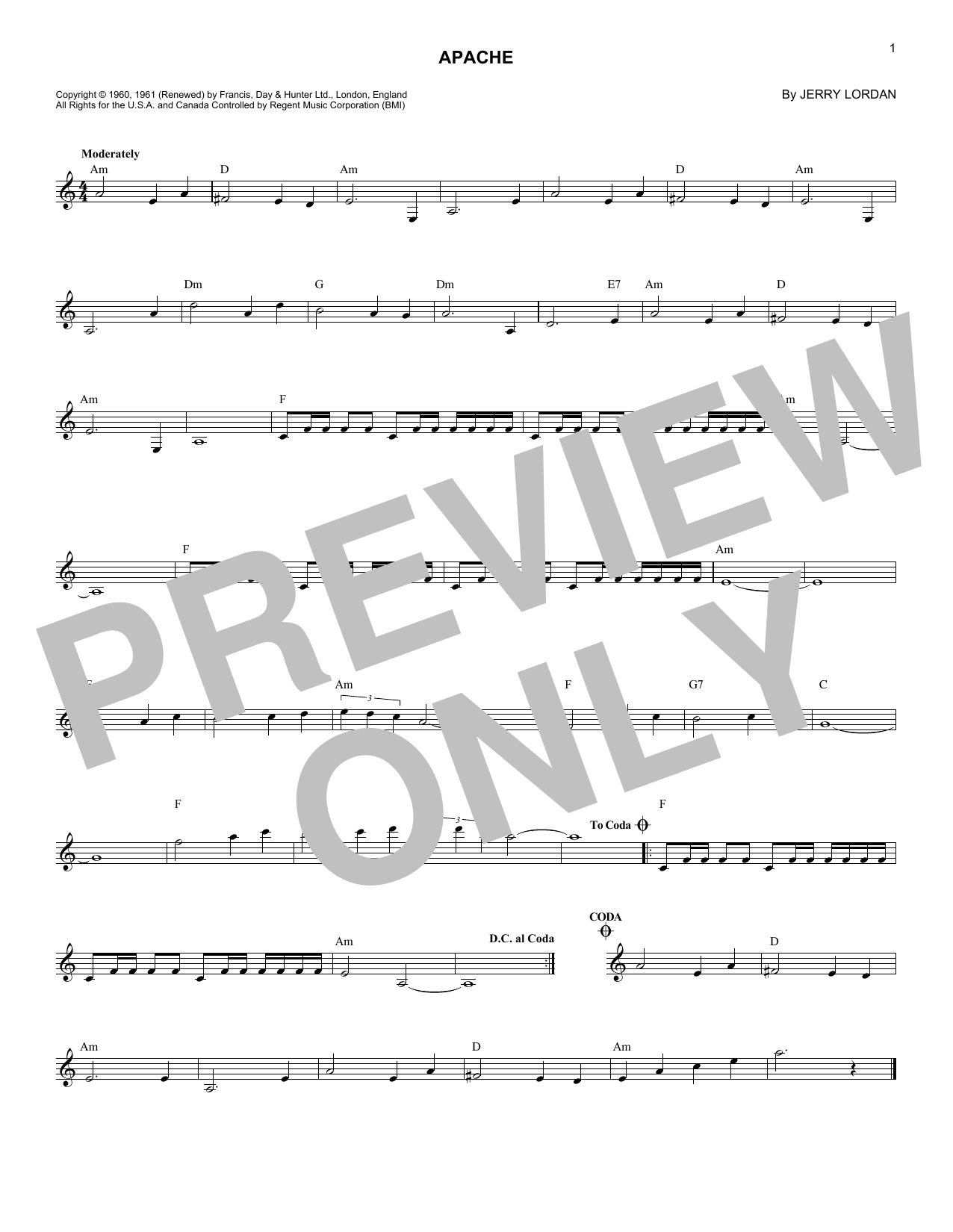 Download Jorgen Ingmann & His Guitar Apache Sheet Music and learn how to play Melody Line, Lyrics & Chords PDF digital score in minutes