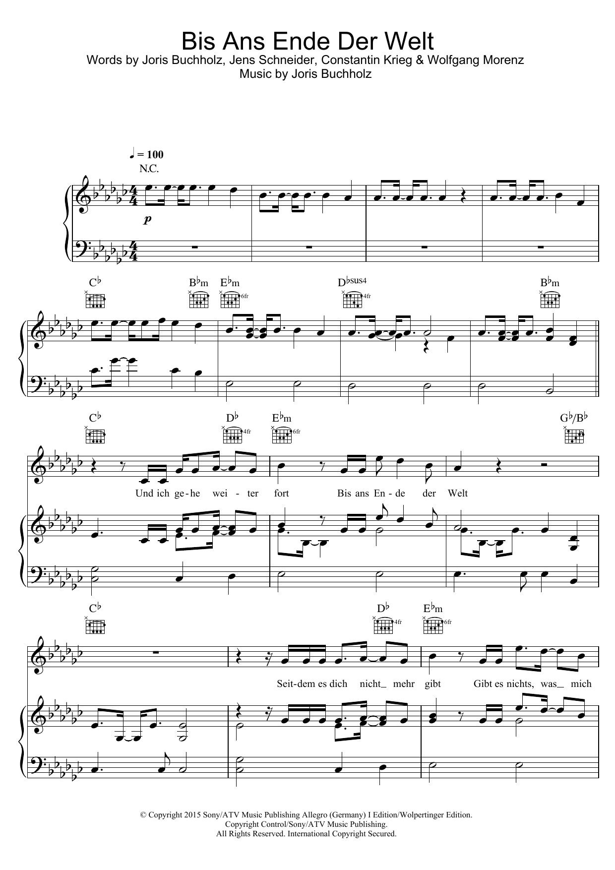 Download Joris Bis Ans Ende Der Welt Sheet Music and learn how to play Piano, Vocal & Guitar (Right-Hand Melody) PDF digital score in minutes