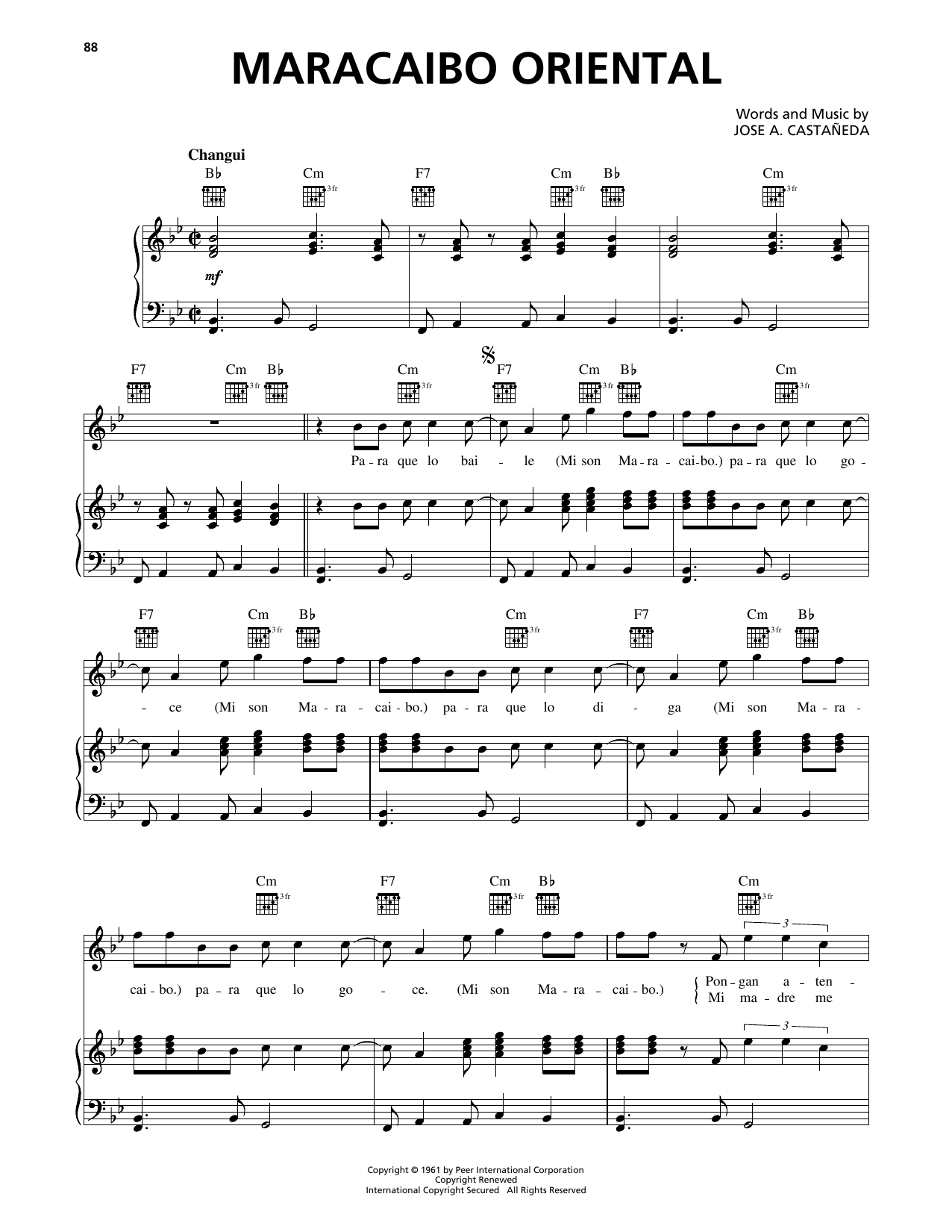 Download Jose A. Castaneda Maracaibo Oriental Sheet Music and learn how to play Piano, Vocal & Guitar Chords (Right-Hand Melody) PDF digital score in minutes