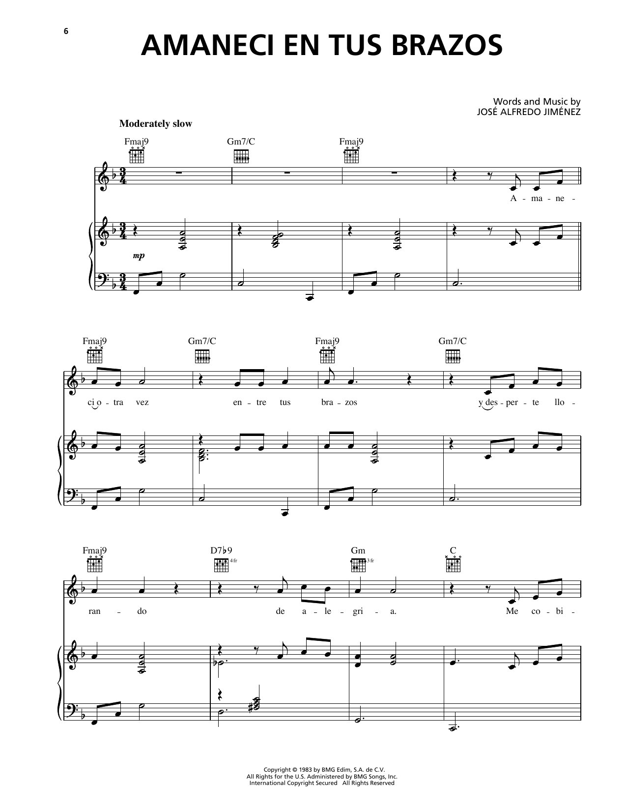 Download Jose Alfredo Jimenez Amaneci En Tus Brazos Sheet Music and learn how to play Piano, Vocal & Guitar Chords (Right-Hand Melody) PDF digital score in minutes