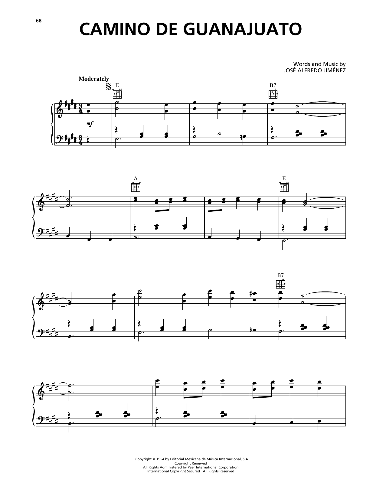 Download Jose Alfredo Jimenez Camino De Guanajuato Sheet Music and learn how to play Piano, Vocal & Guitar Chords (Right-Hand Melody) PDF digital score in minutes