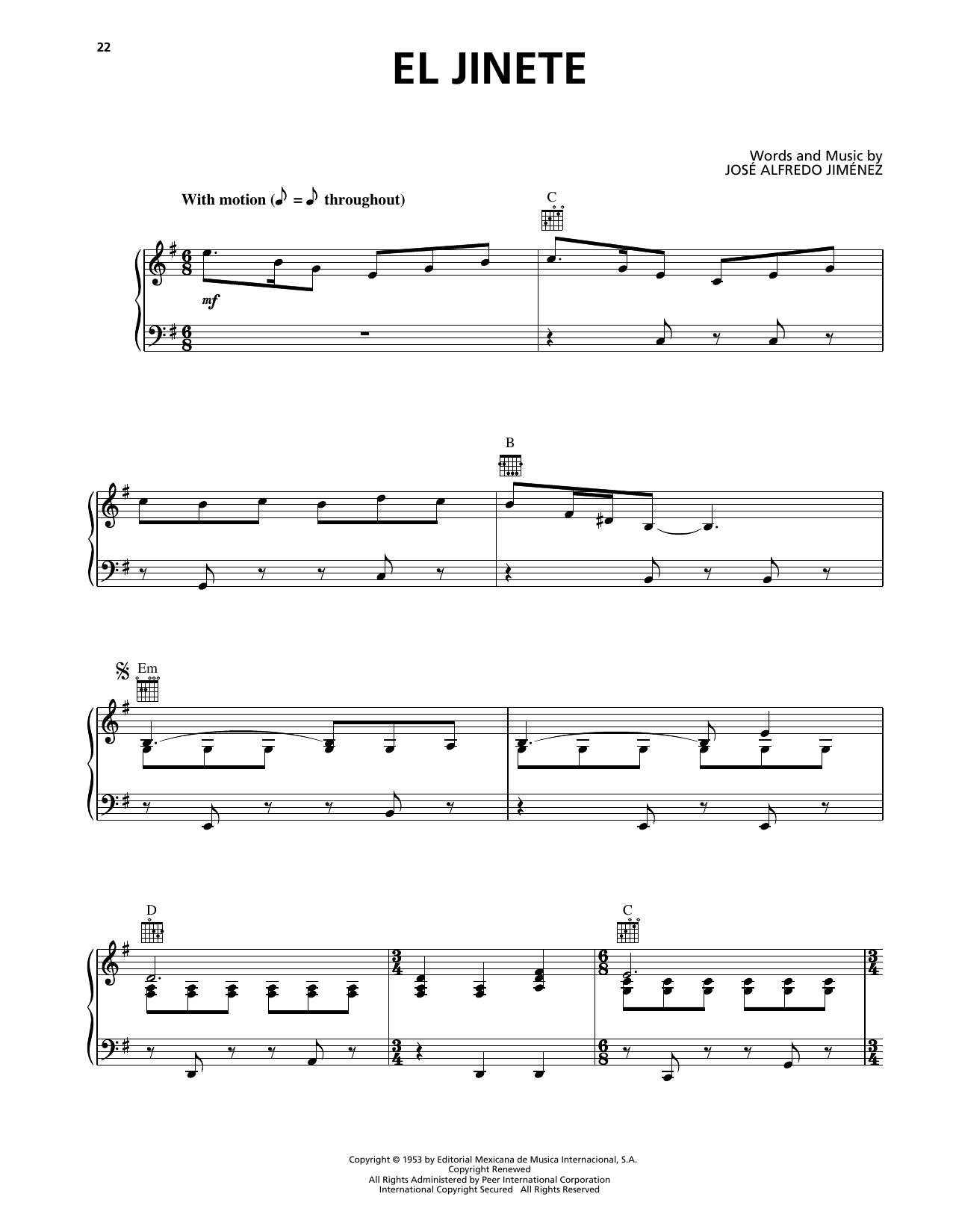 Download Jose Alfredo Jimenez El Jinete Sheet Music and learn how to play Piano, Vocal & Guitar Chords (Right-Hand Melody) PDF digital score in minutes