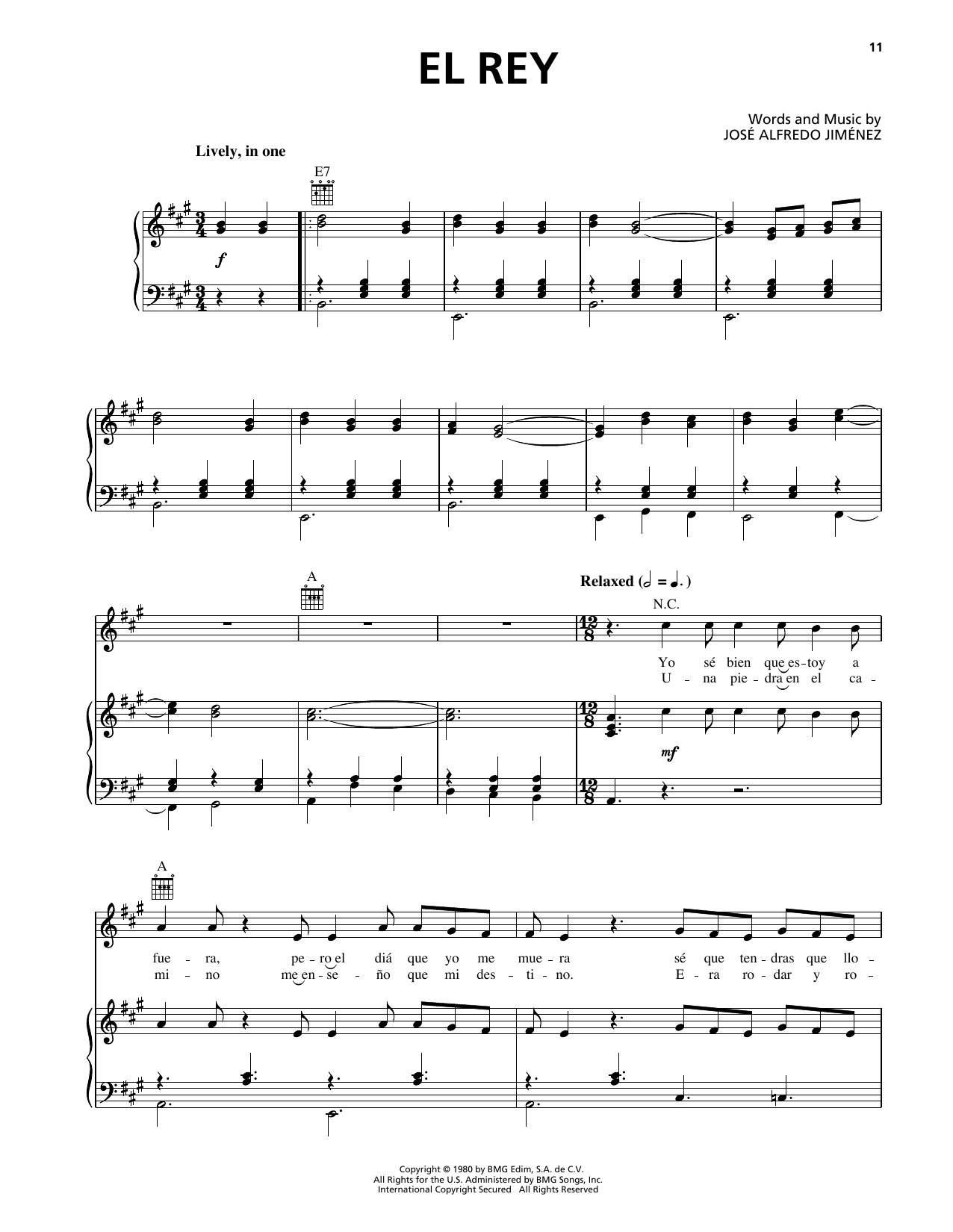 Download Jose Alfredo Jimenez El Rey Sheet Music and learn how to play Piano, Vocal & Guitar Chords (Right-Hand Melody) PDF digital score in minutes