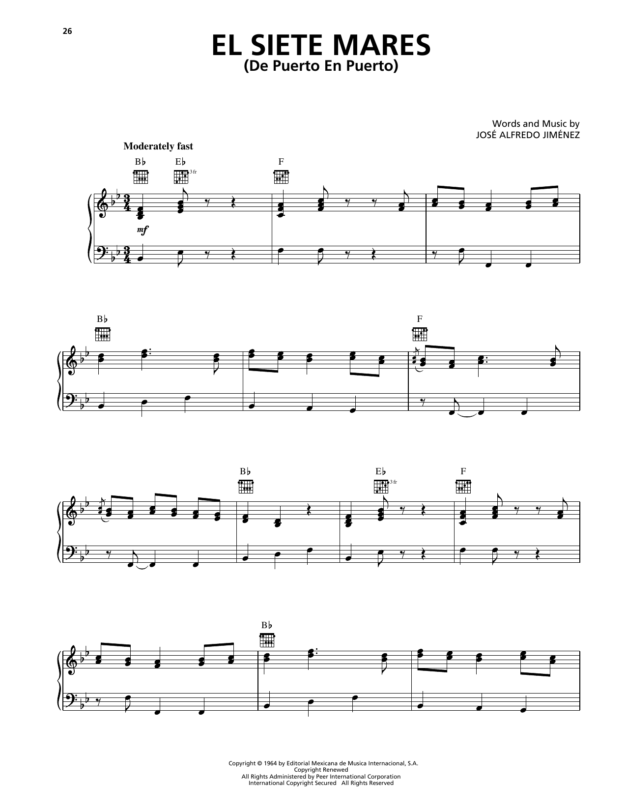 Download Jose Alfredo Jimenez El Siete Mares (De Puerto En Puerto) Sheet Music and learn how to play Piano, Vocal & Guitar Chords (Right-Hand Melody) PDF digital score in minutes