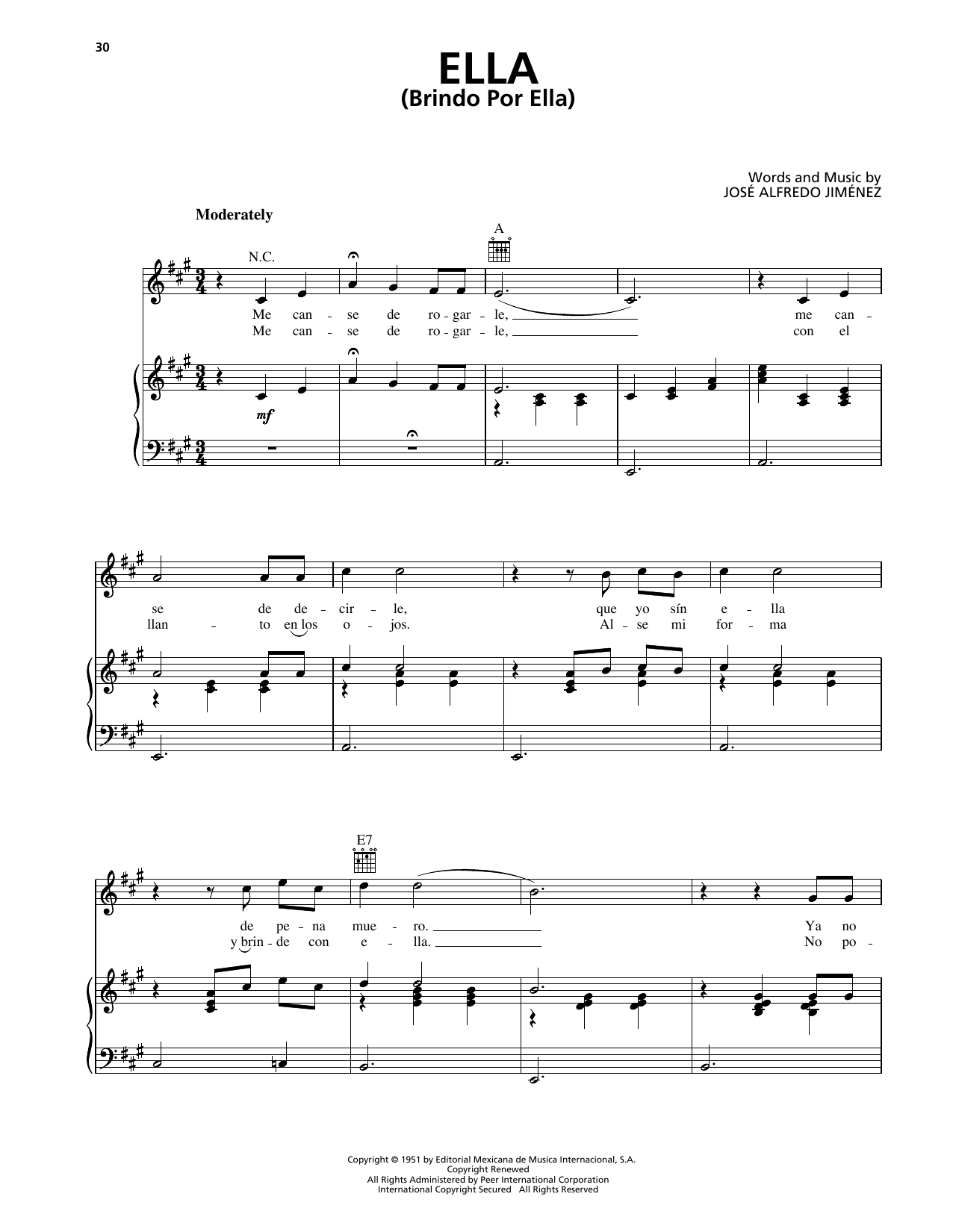 Download Jose Alfredo Jimenez Ella (Brindo Por Ella) Sheet Music and learn how to play Piano, Vocal & Guitar Chords (Right-Hand Melody) PDF digital score in minutes