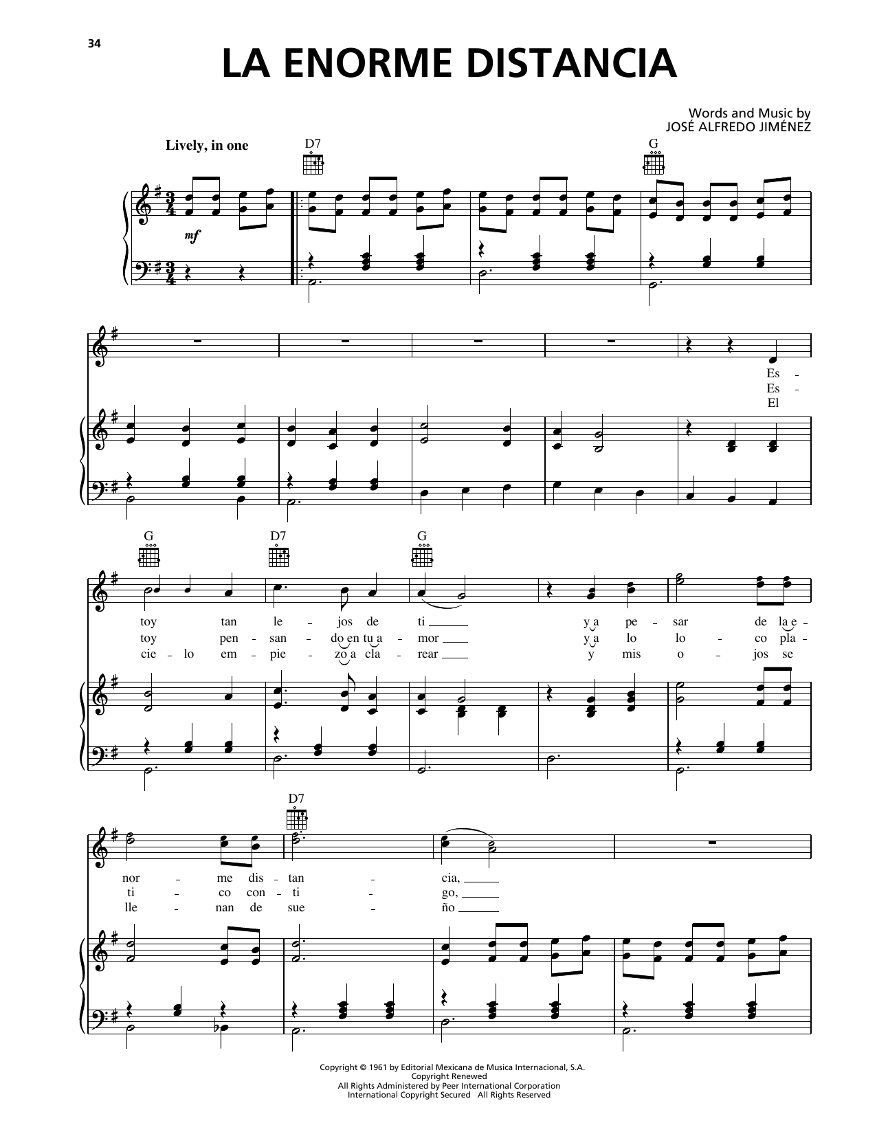 Download Jose Alfredo Jimenez La Enorme Distancia Sheet Music and learn how to play Piano, Vocal & Guitar Chords (Right-Hand Melody) PDF digital score in minutes