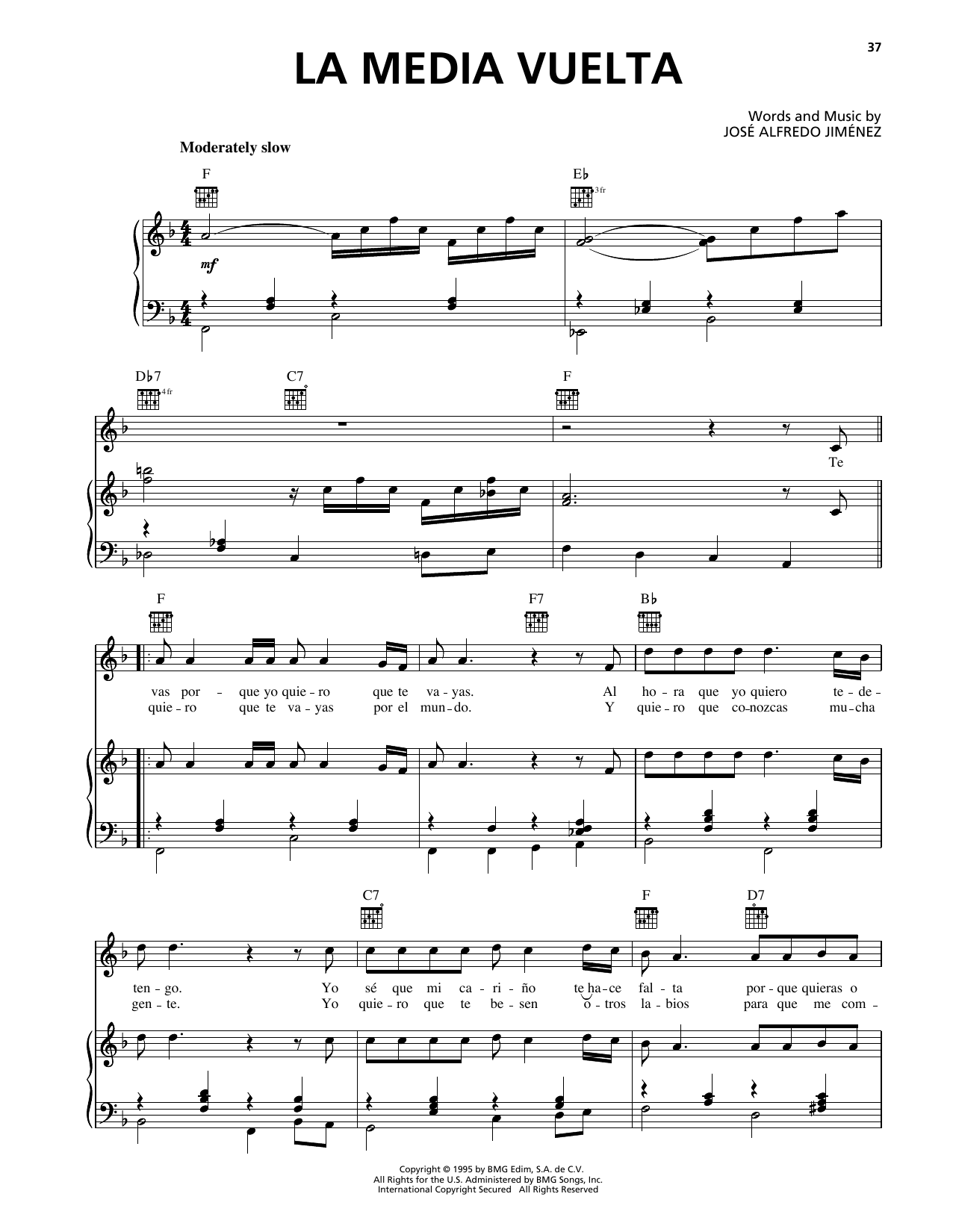 Download Jose Alfredo Jimenez La Media Vuelta Sheet Music and learn how to play Piano, Vocal & Guitar Chords (Right-Hand Melody) PDF digital score in minutes