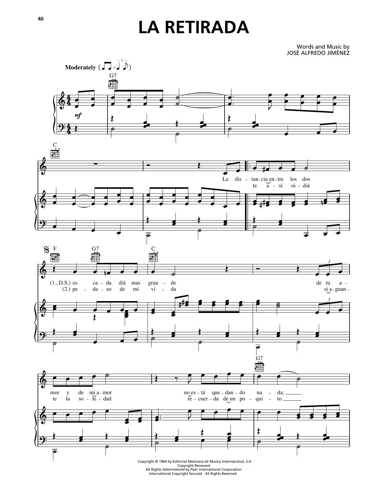 Download Jose Alfredo Jimenez La Retirada Sheet Music and learn how to play Piano, Vocal & Guitar Chords (Right-Hand Melody) PDF digital score in minutes