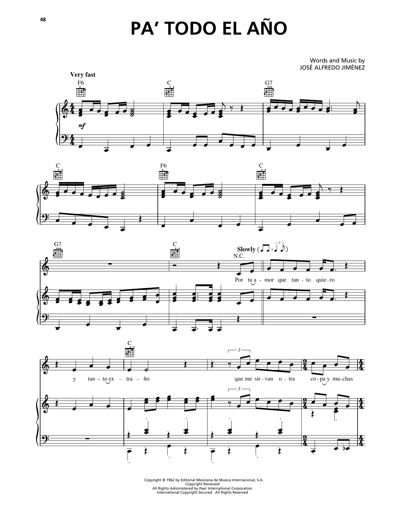 Download José Alfredo Jiménez Pa' Todo El Ano Sheet Music and learn how to play Piano, Vocal & Guitar (Right-Hand Melody) PDF digital score in minutes