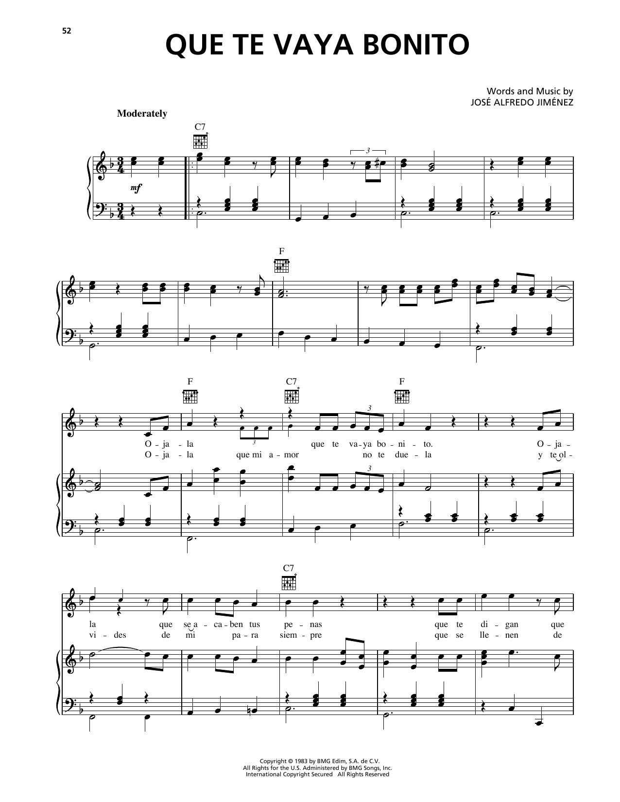 Download Jose Alfredo Jimenez Que Te Vaya Bonito Sheet Music and learn how to play Piano, Vocal & Guitar Chords (Right-Hand Melody) PDF digital score in minutes