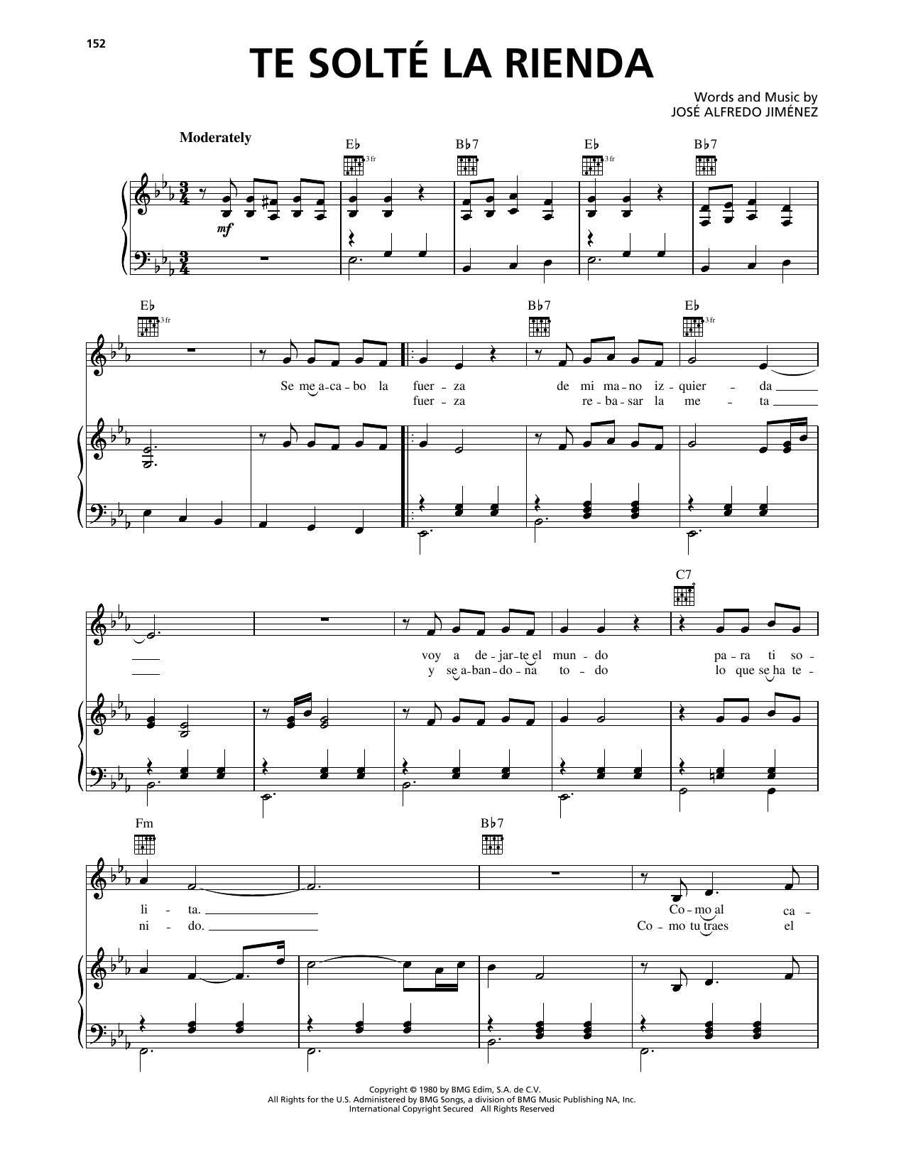 Download Jose Alfredo Jimenez Te Solté La Rienda Sheet Music and learn how to play Piano, Vocal & Guitar Chords (Right-Hand Melody) PDF digital score in minutes