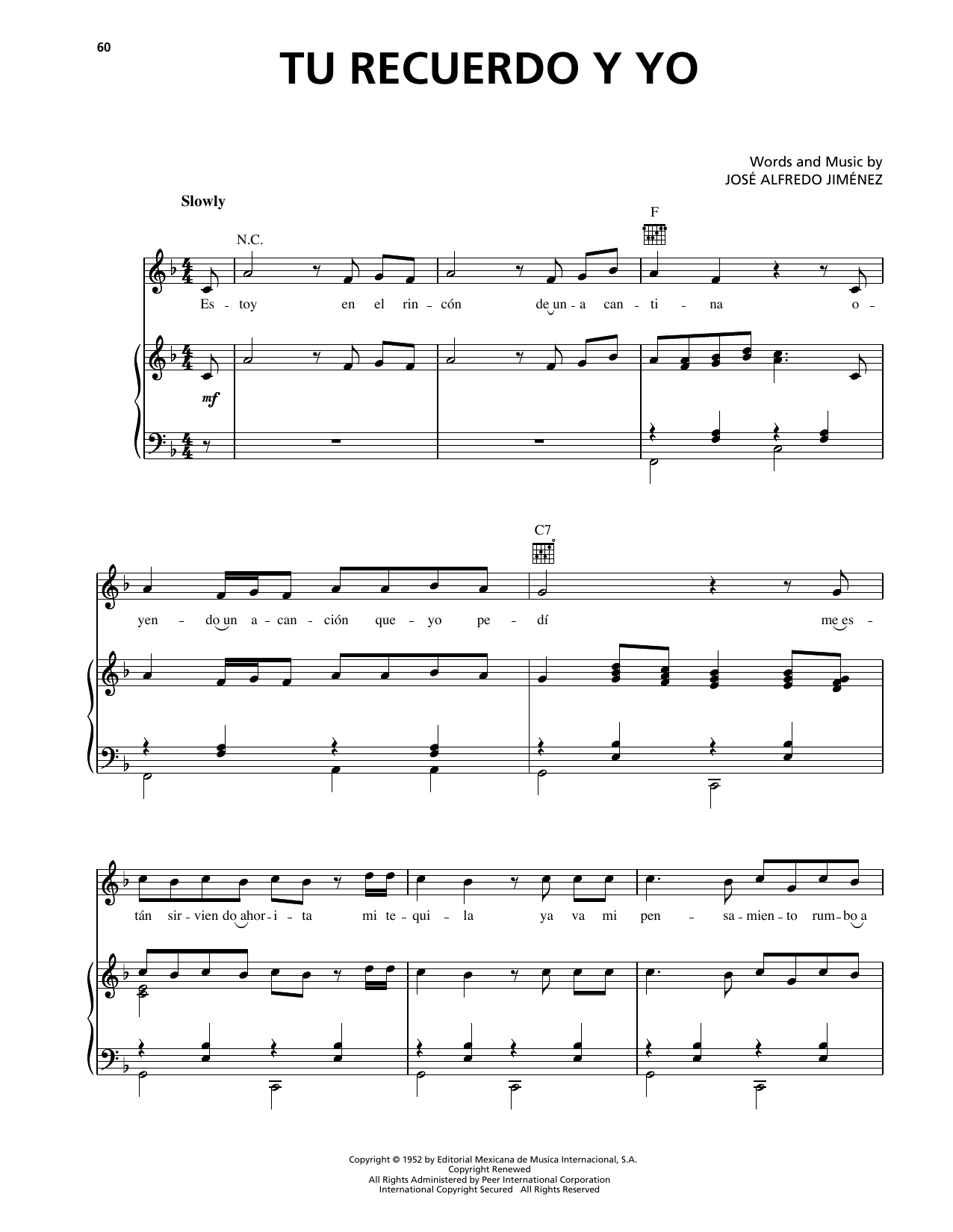 Download Jose Alfredo Jimenez Tu Recuerdo Y Yo Sheet Music and learn how to play Piano, Vocal & Guitar Chords (Right-Hand Melody) PDF digital score in minutes