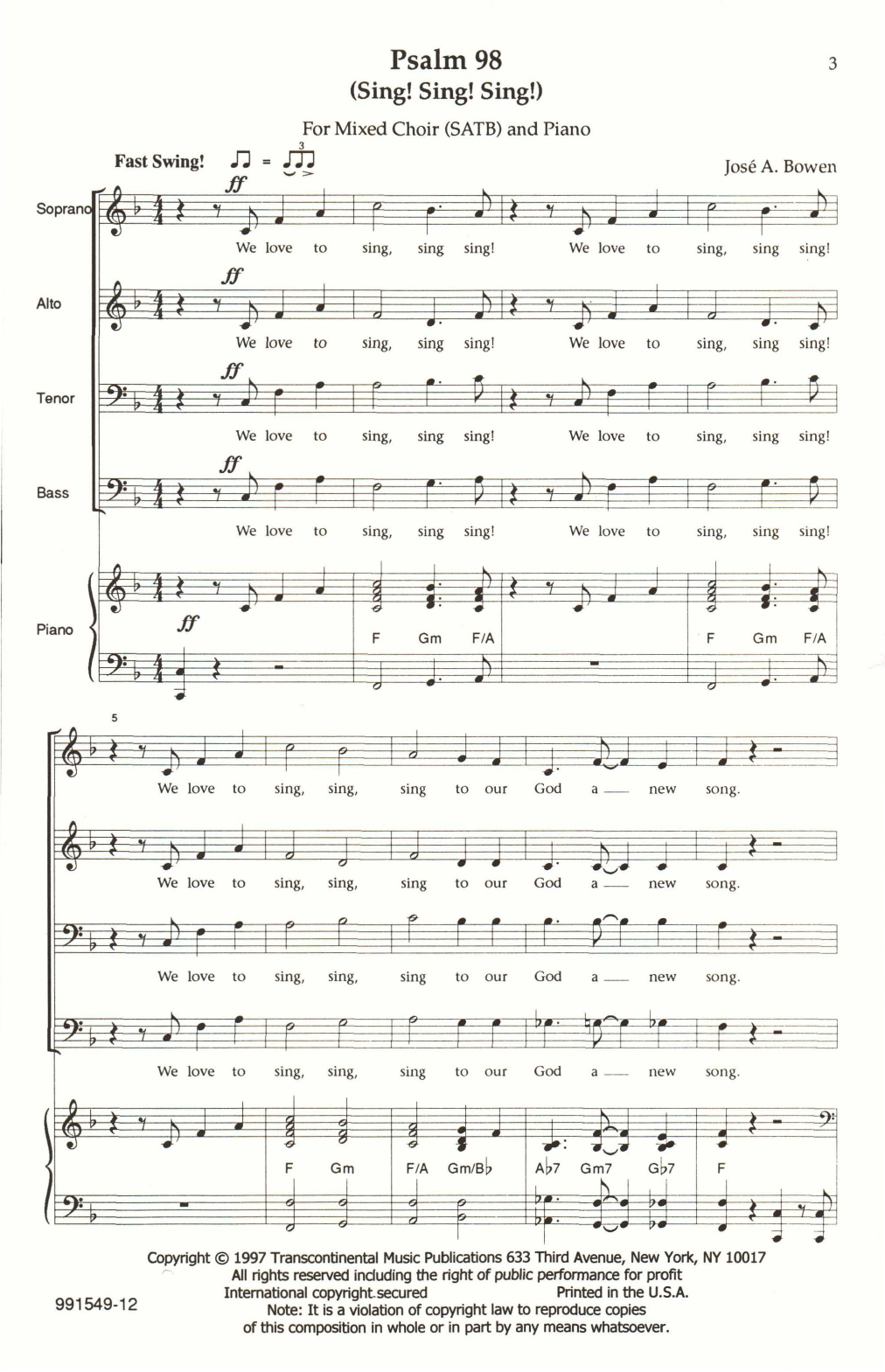 Download Jose Bowen Psalm 98 (Sing! Sing! Sing!) Sheet Music and learn how to play SATB Choir PDF digital score in minutes