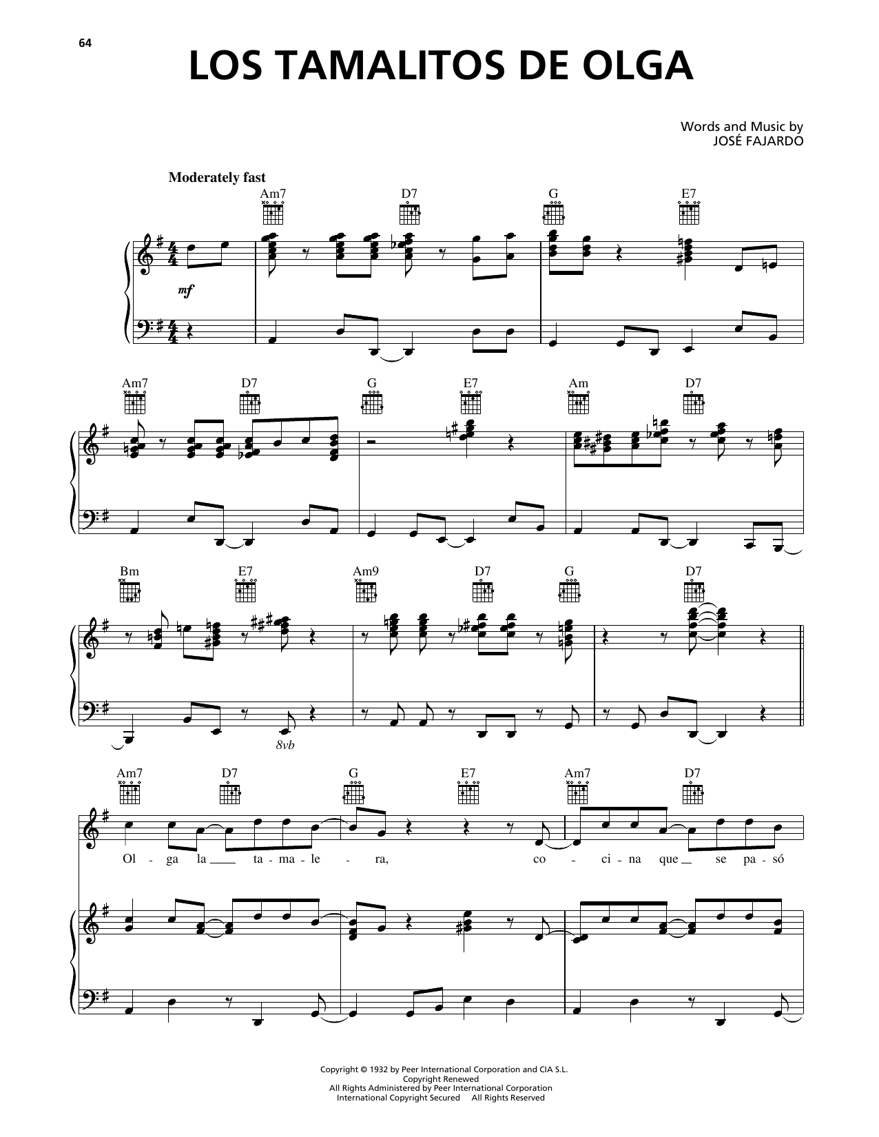Download Jose Fajardo Los Tamalitos de Olga Sheet Music and learn how to play Piano, Vocal & Guitar Chords (Right-Hand Melody) PDF digital score in minutes