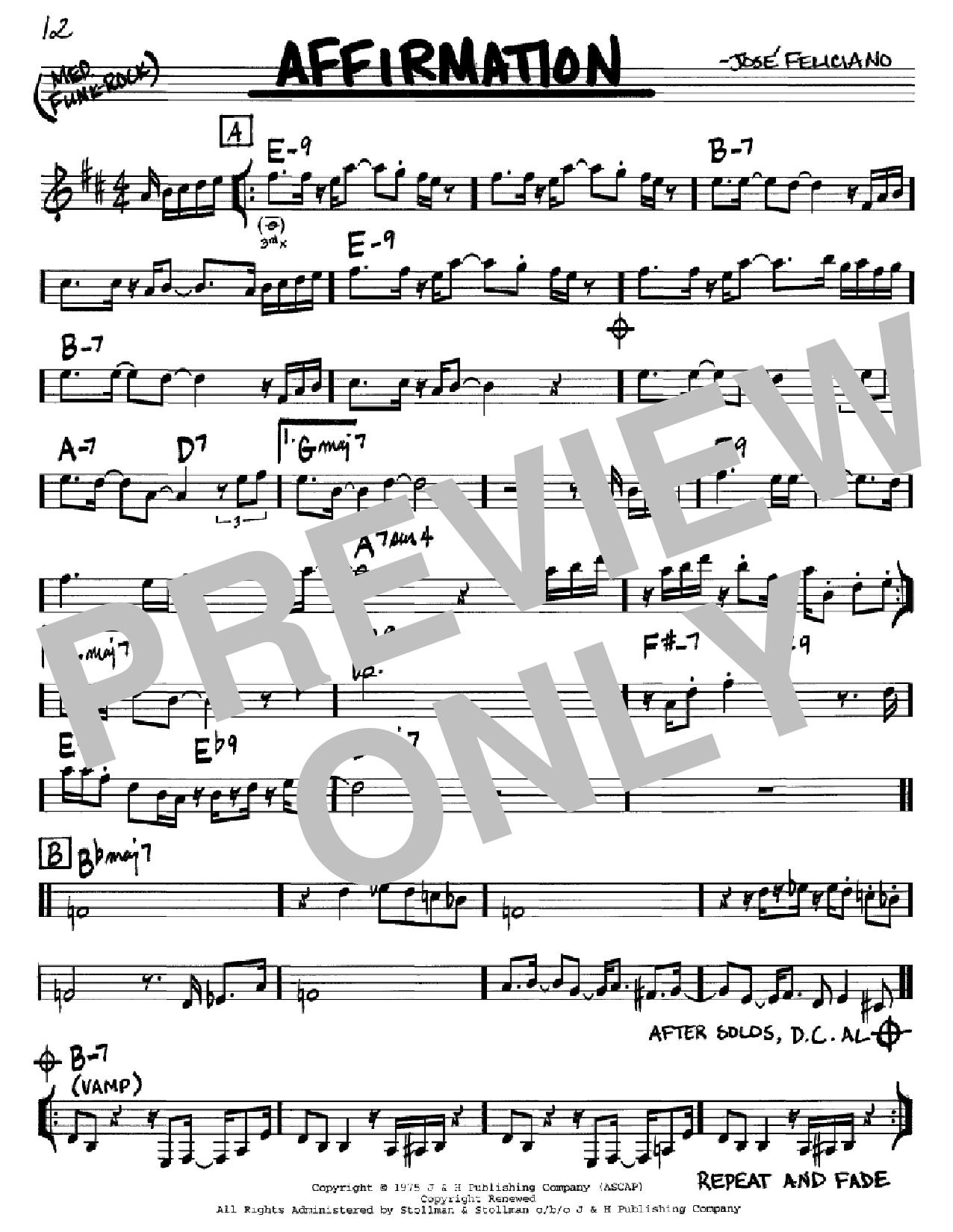 Download Jose Feliciano Affirmation Sheet Music and learn how to play Real Book - Melody & Chords - C Instruments PDF digital score in minutes
