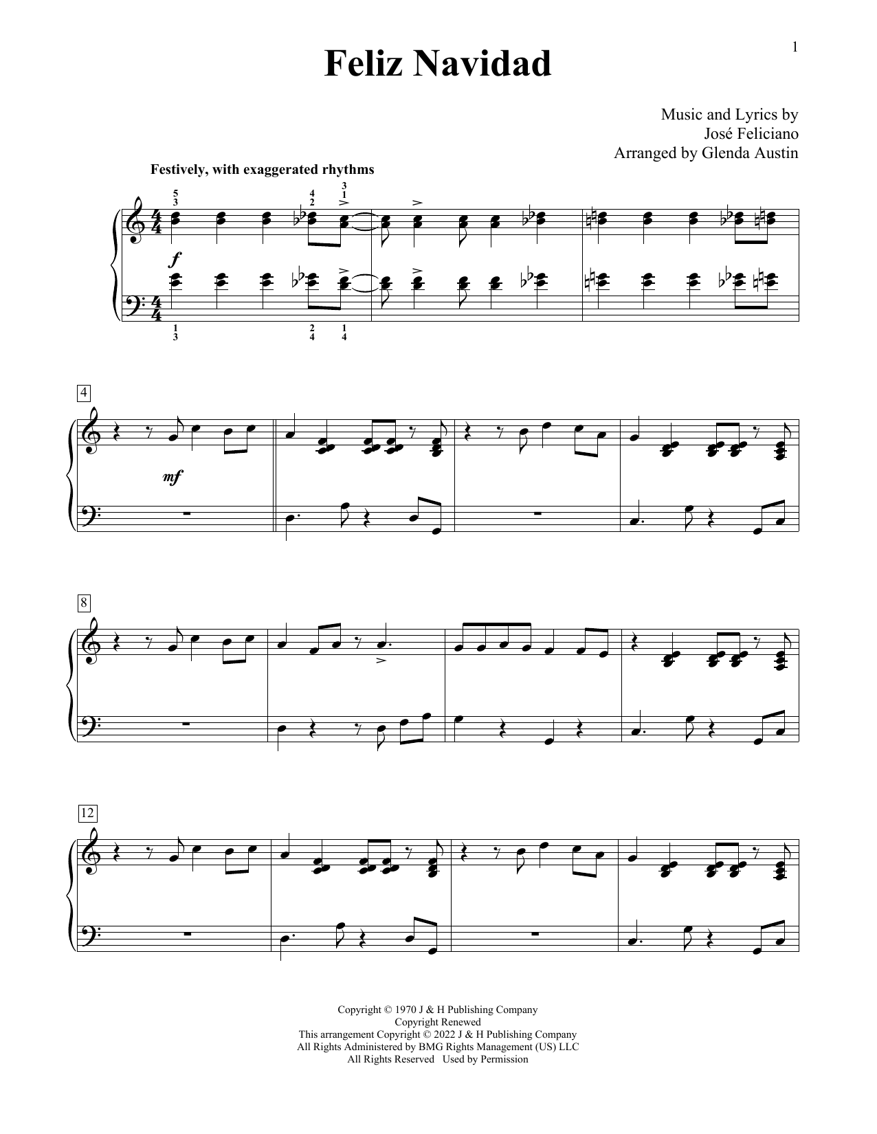 Download Jose Feliciano Feliz Navidad (arr. Glenda Austin) Sheet Music and learn how to play Educational Piano PDF digital score in minutes