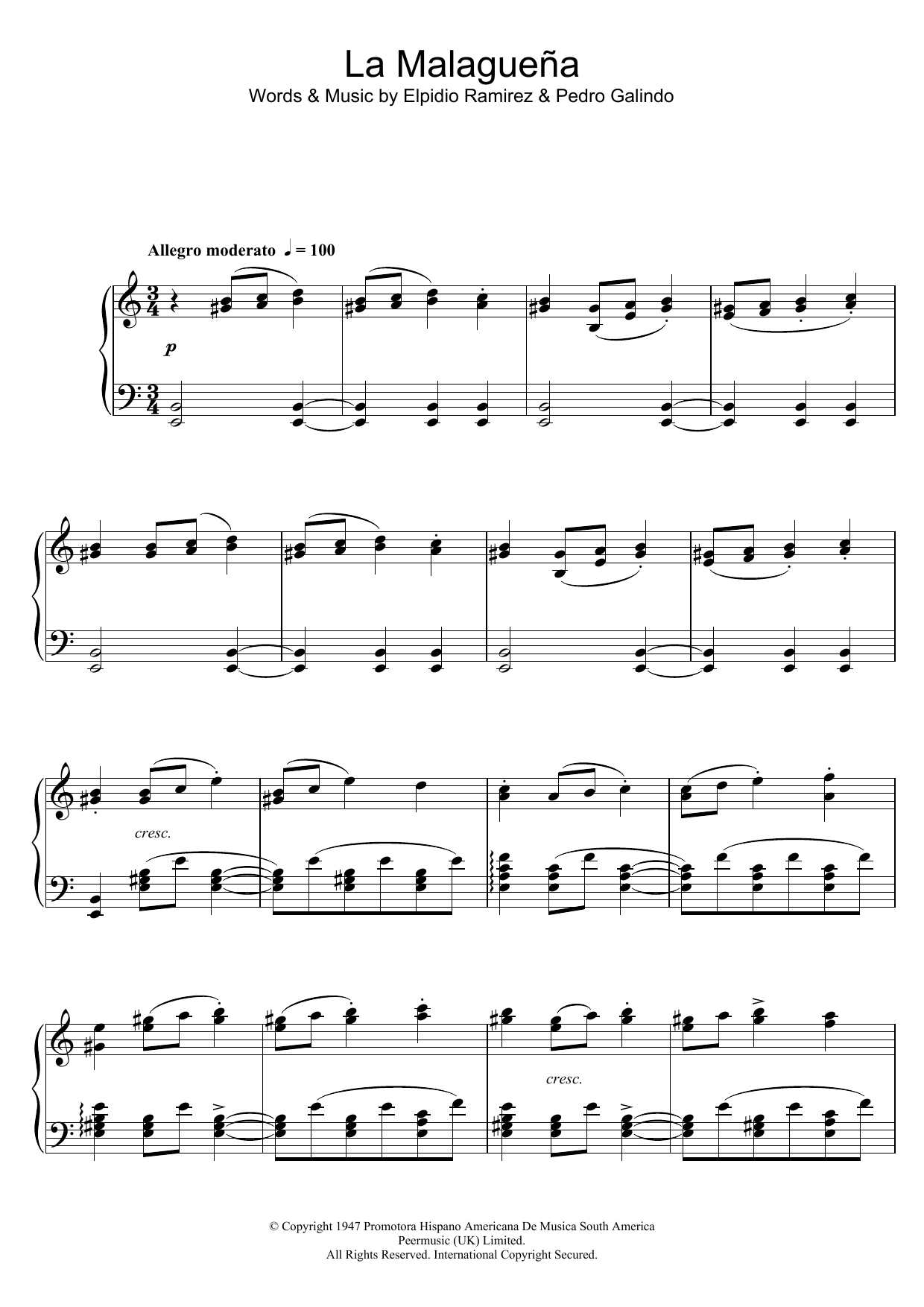 Download José Feliciano La Malaguena Sheet Music and learn how to play Piano PDF digital score in minutes