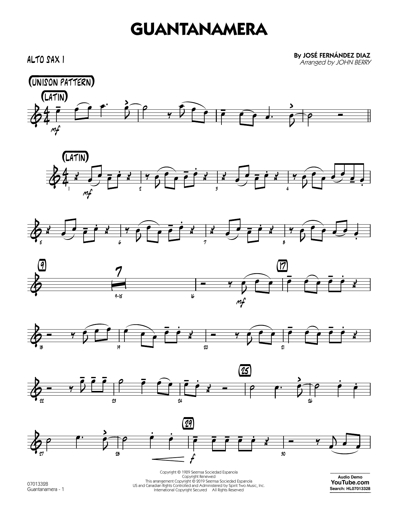 Download José Fernández Diaz Guantanamera (arr. John Berry) - Alto Sax 1 Sheet Music and learn how to play Jazz Ensemble PDF digital score in minutes