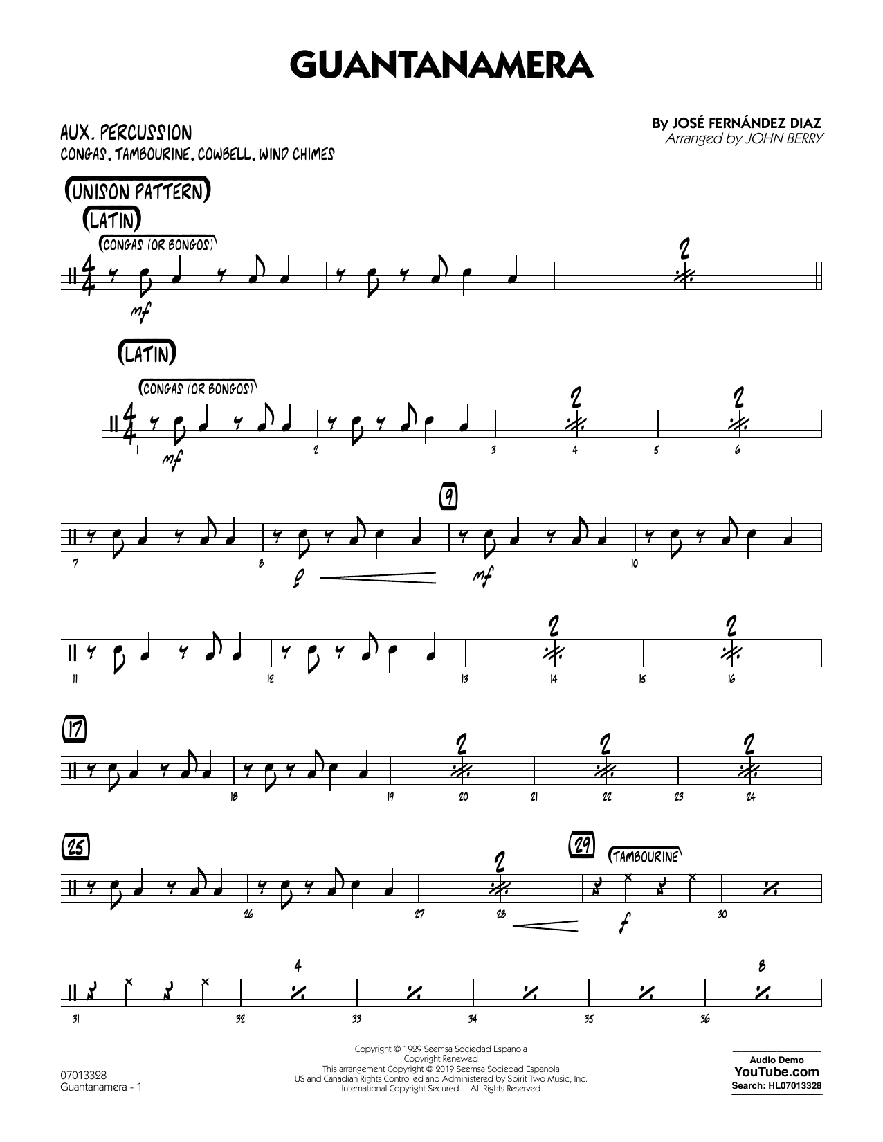 Download José Fernández Diaz Guantanamera (arr. John Berry) - Aux Percussion Sheet Music and learn how to play Jazz Ensemble PDF digital score in minutes