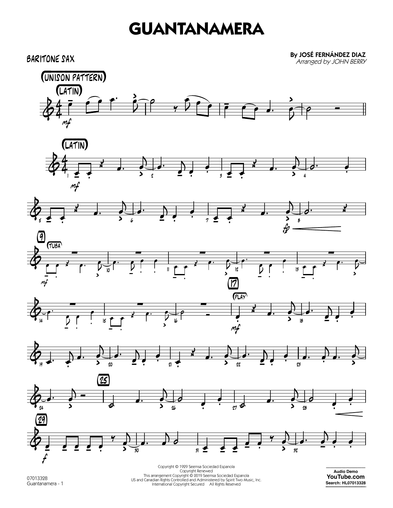 Download José Fernández Diaz Guantanamera (arr. John Berry) - Baritone Sax Sheet Music and learn how to play Jazz Ensemble PDF digital score in minutes