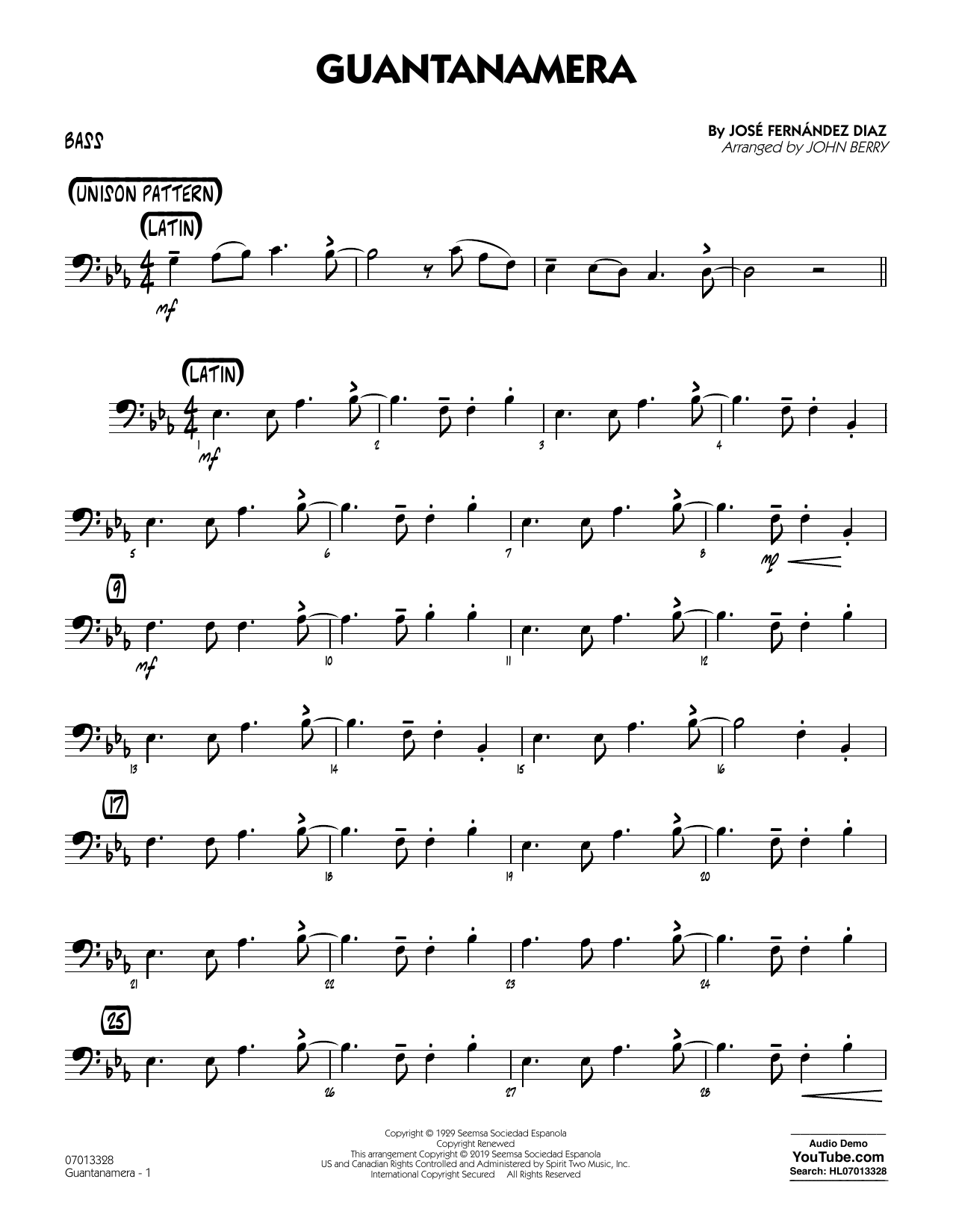 Download José Fernández Diaz Guantanamera (arr. John Berry) - Bass Sheet Music and learn how to play Jazz Ensemble PDF digital score in minutes