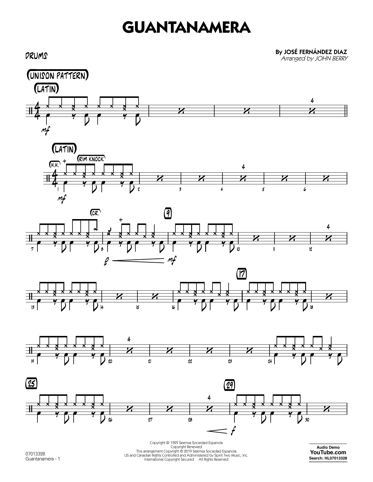 Download José Fernández Diaz Guantanamera (arr. John Berry) - Drums Sheet Music and learn how to play Jazz Ensemble PDF digital score in minutes