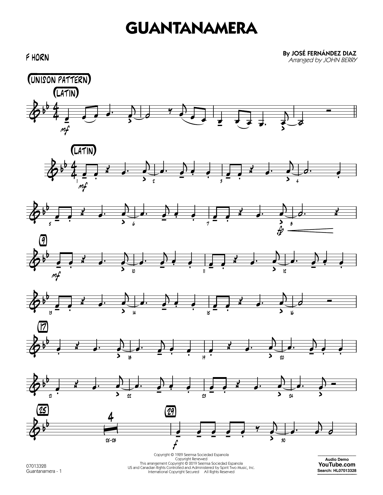 Download José Fernández Diaz Guantanamera (arr. John Berry) - F Horn Sheet Music and learn how to play Jazz Ensemble PDF digital score in minutes