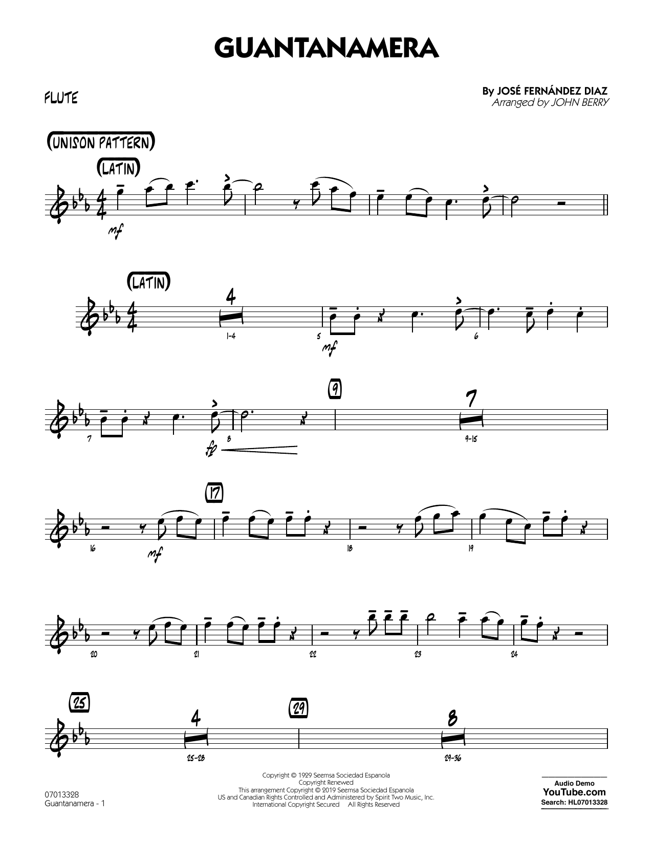 Download José Fernández Diaz Guantanamera (arr. John Berry) - Flute Sheet Music and learn how to play Jazz Ensemble PDF digital score in minutes