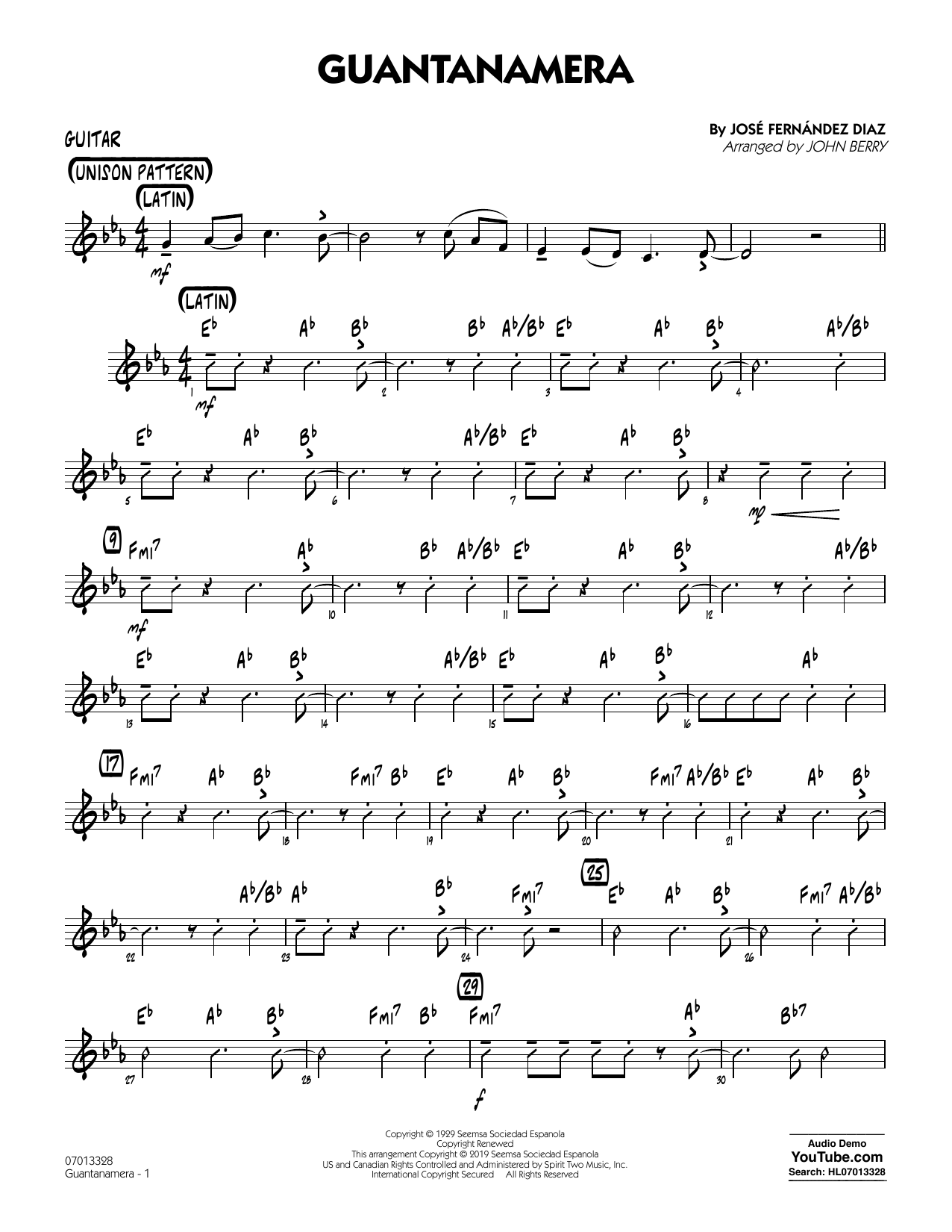 Download José Fernández Diaz Guantanamera (arr. John Berry) - Guitar Sheet Music and learn how to play Jazz Ensemble PDF digital score in minutes