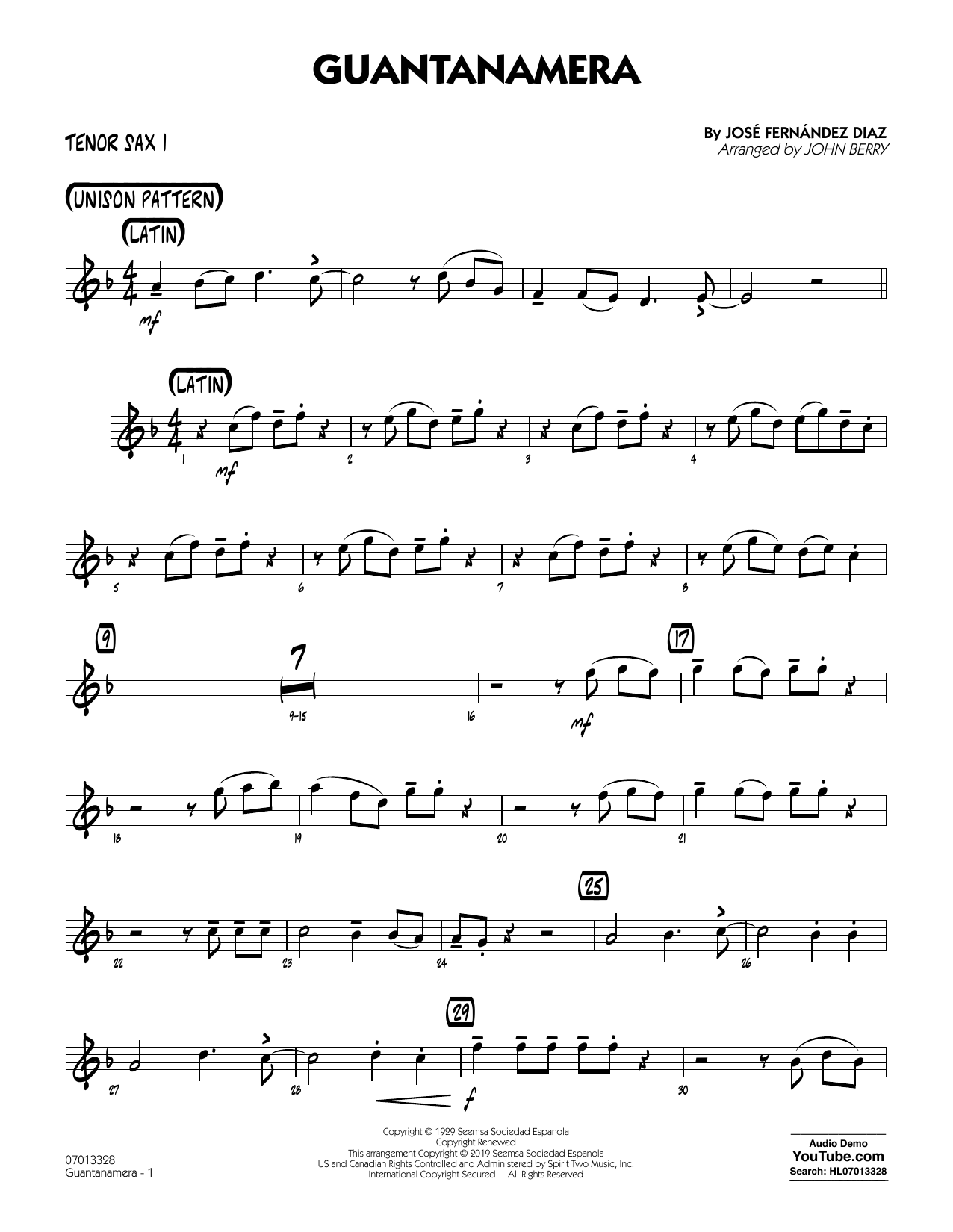 Download José Fernández Diaz Guantanamera (arr. John Berry) - Tenor Sax 1 Sheet Music and learn how to play Jazz Ensemble PDF digital score in minutes