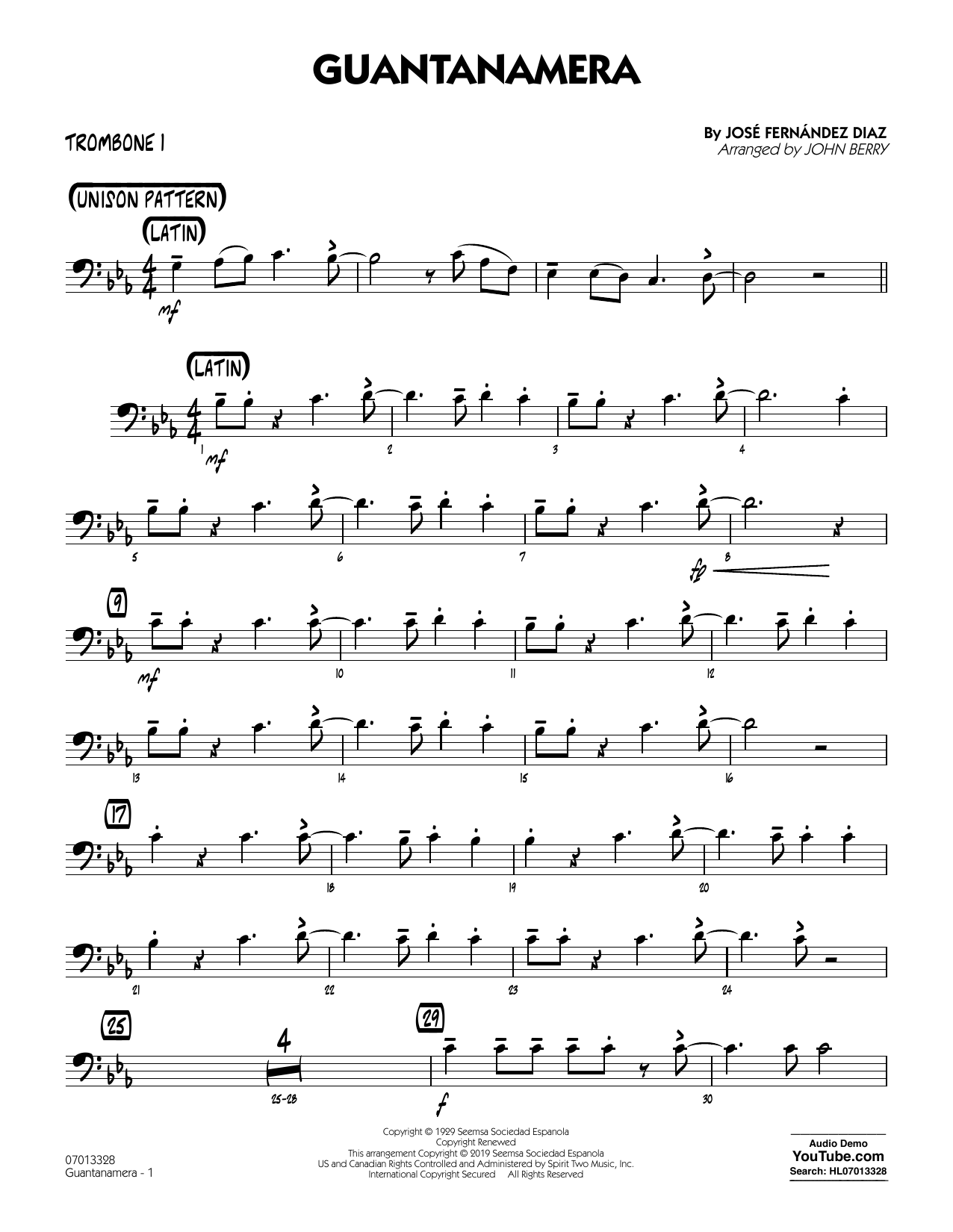 Download José Fernández Diaz Guantanamera (arr. John Berry) - Trombone 1 Sheet Music and learn how to play Jazz Ensemble PDF digital score in minutes