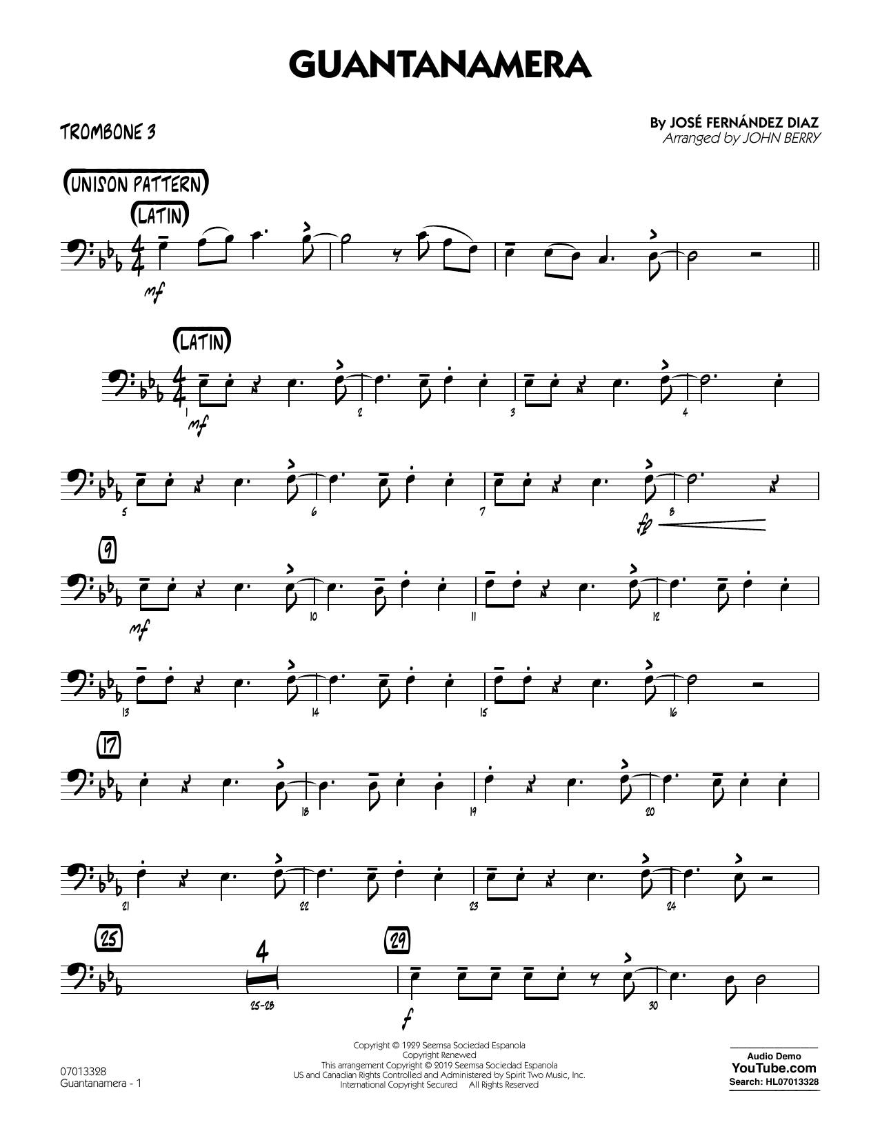 Download José Fernández Diaz Guantanamera (arr. John Berry) - Trombone 3 Sheet Music and learn how to play Jazz Ensemble PDF digital score in minutes