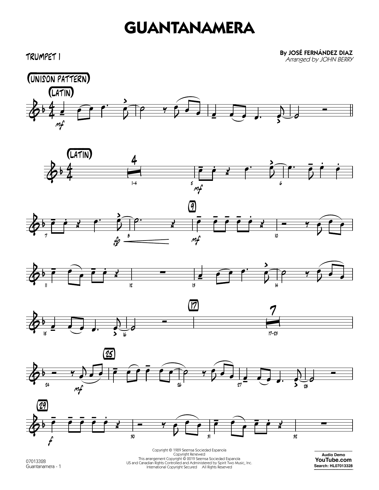 Download José Fernández Diaz Guantanamera (arr. John Berry) - Trumpet 1 Sheet Music and learn how to play Jazz Ensemble PDF digital score in minutes