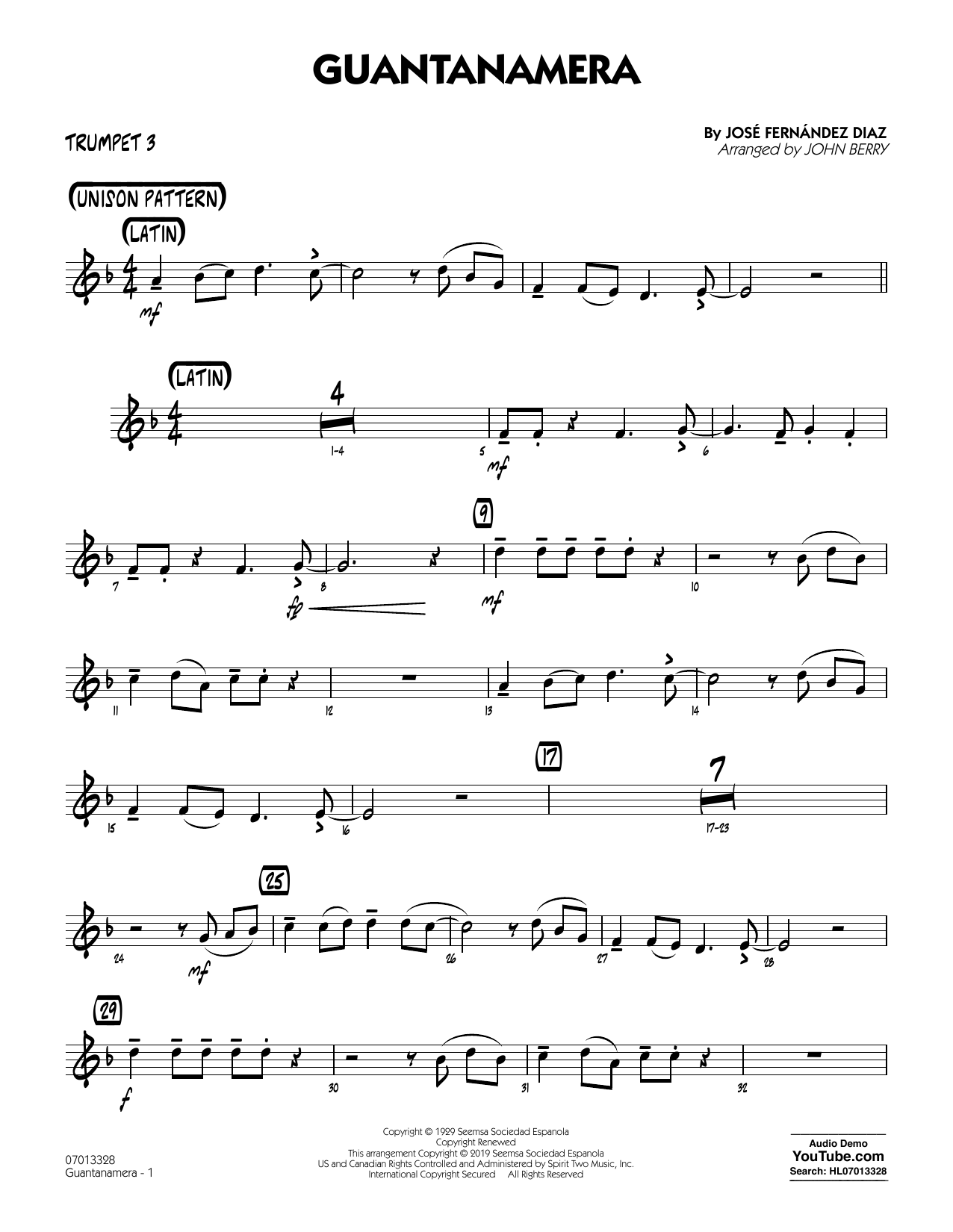 Download José Fernández Diaz Guantanamera (arr. John Berry) - Trumpet 3 Sheet Music and learn how to play Jazz Ensemble PDF digital score in minutes