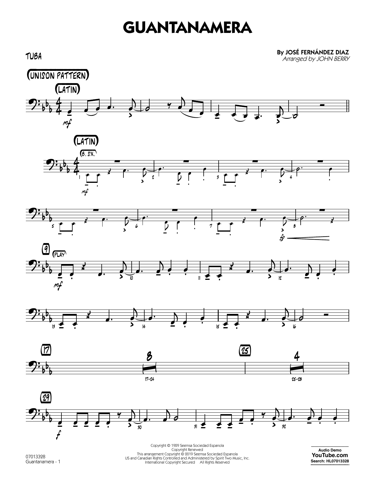 Download José Fernández Diaz Guantanamera (arr. John Berry) - Tuba Sheet Music and learn how to play Jazz Ensemble PDF digital score in minutes