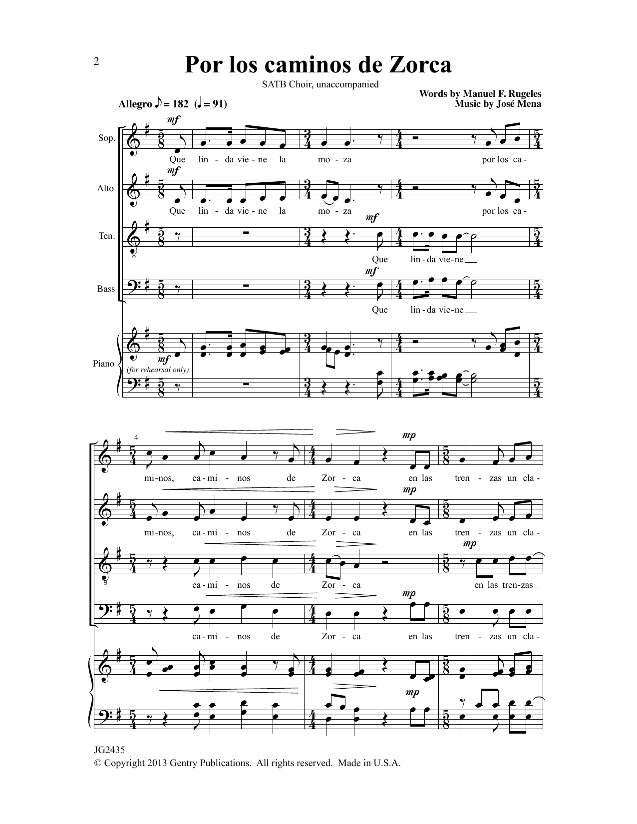 Download Jose Mena Por Los Caminos De Zorca Sheet Music and learn how to play SATB Choir PDF digital score in minutes