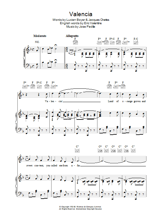 Download Jose Padilla Valencia Sheet Music and learn how to play Piano, Vocal & Guitar (Right-Hand Melody) PDF digital score in minutes