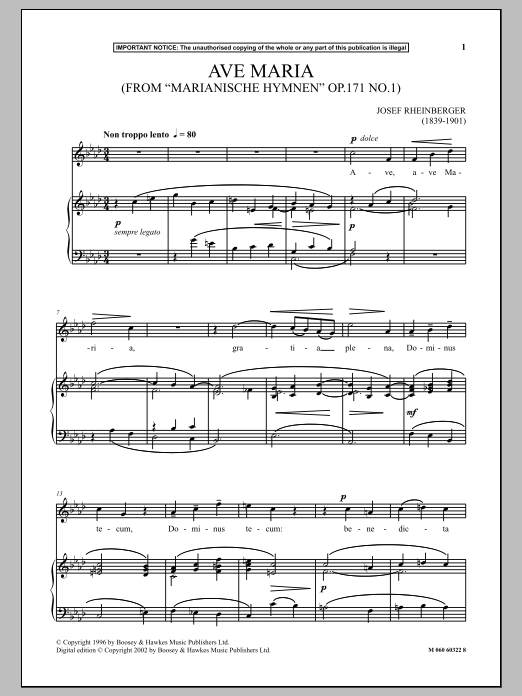 Download Josef Rheinberger Ave Maria, Op.171, No.1 (from Marianische Hymnen) Sheet Music and learn how to play Piano & Vocal PDF digital score in minutes