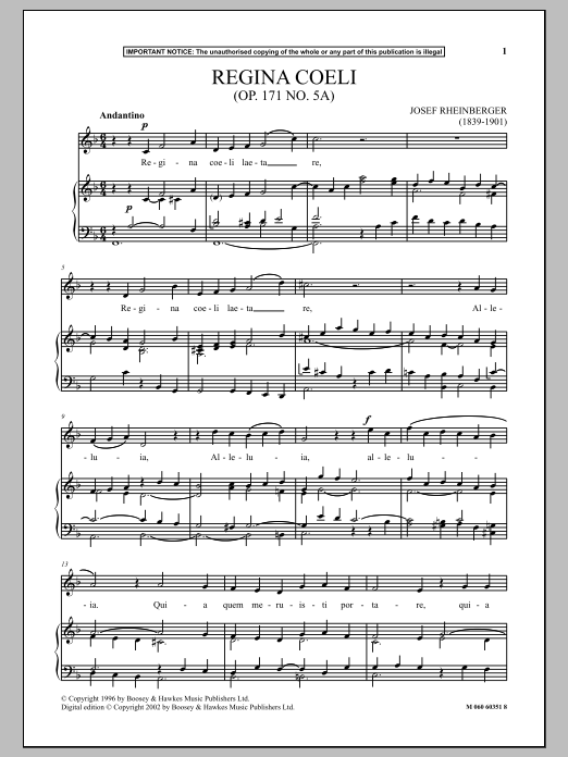 Download Josef Rheinberger Regina Coeli, Op. 171, No. 5 Sheet Music and learn how to play Piano & Vocal PDF digital score in minutes