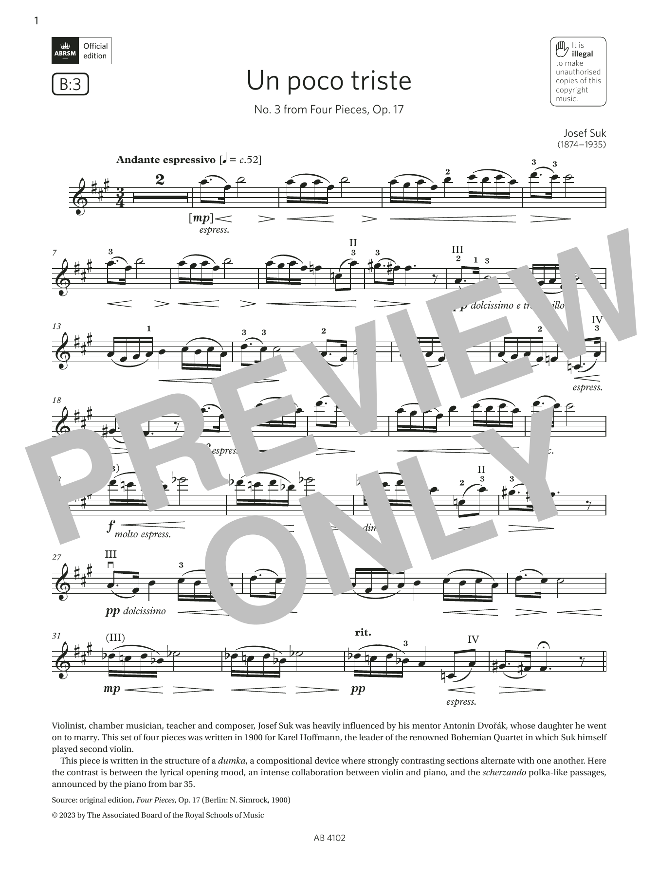 Download Josef Suk Un poco triste (Grade 8, B3, from the ABRSM Violin Syllabus from 2024) Sheet Music and learn how to play Violin Solo PDF digital score in minutes