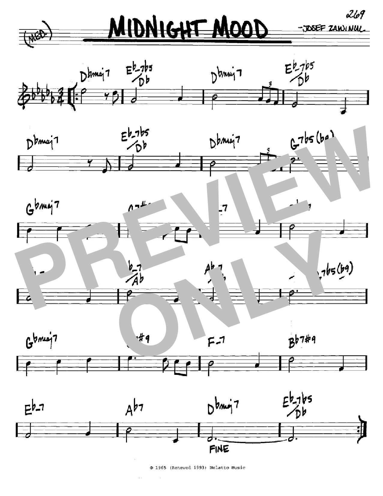 Download Joe Zawinul Midnight Mood Sheet Music and learn how to play Real Book - Melody & Chords - Bass Clef Instruments PDF digital score in minutes
