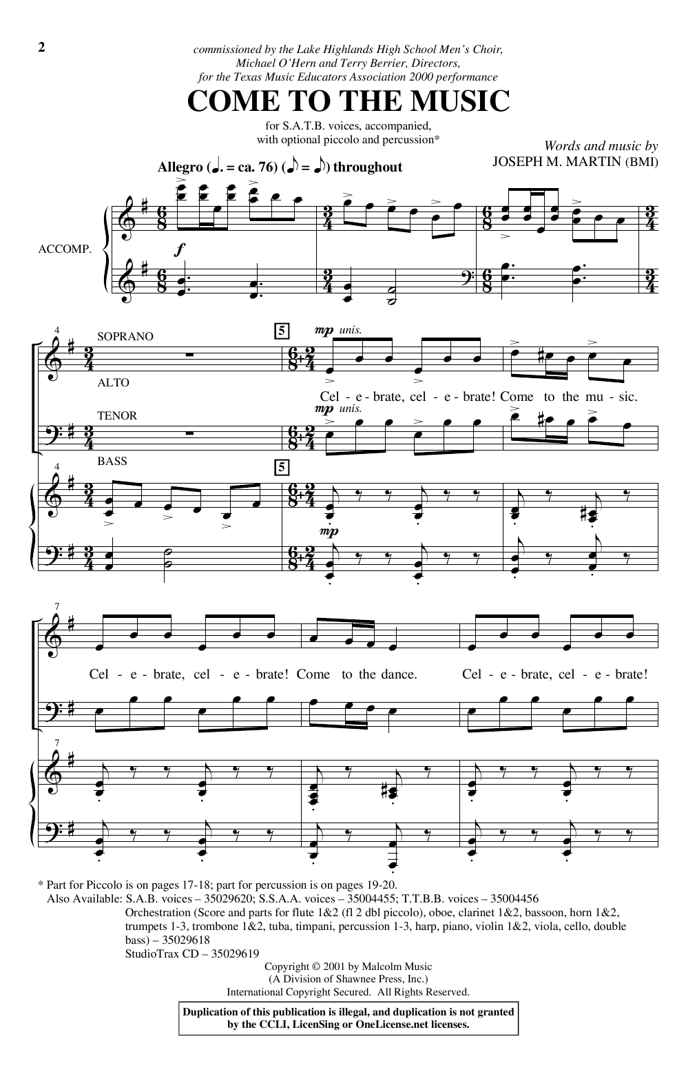 Download Joseph Martin Come To The Music Sheet Music and learn how to play SAB PDF digital score in minutes