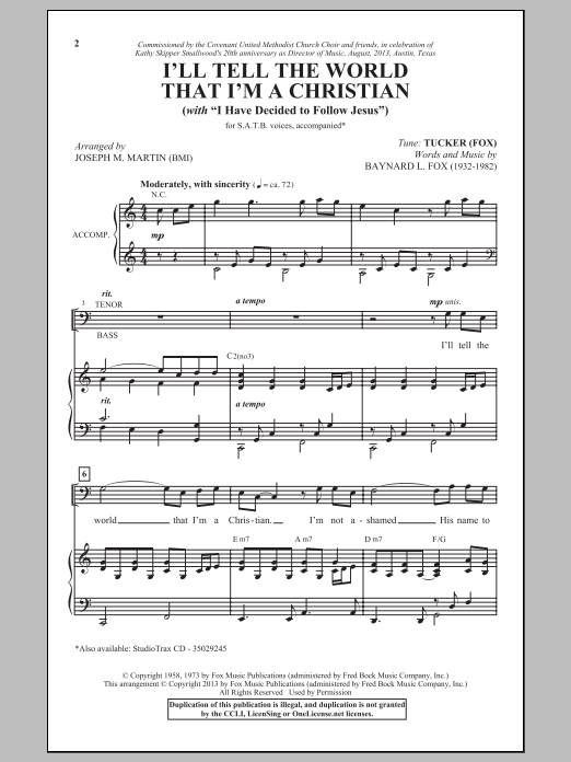 Download Joseph Martin I'll Tell The World That I'm A Christian Sheet Music and learn how to play SATB PDF digital score in minutes